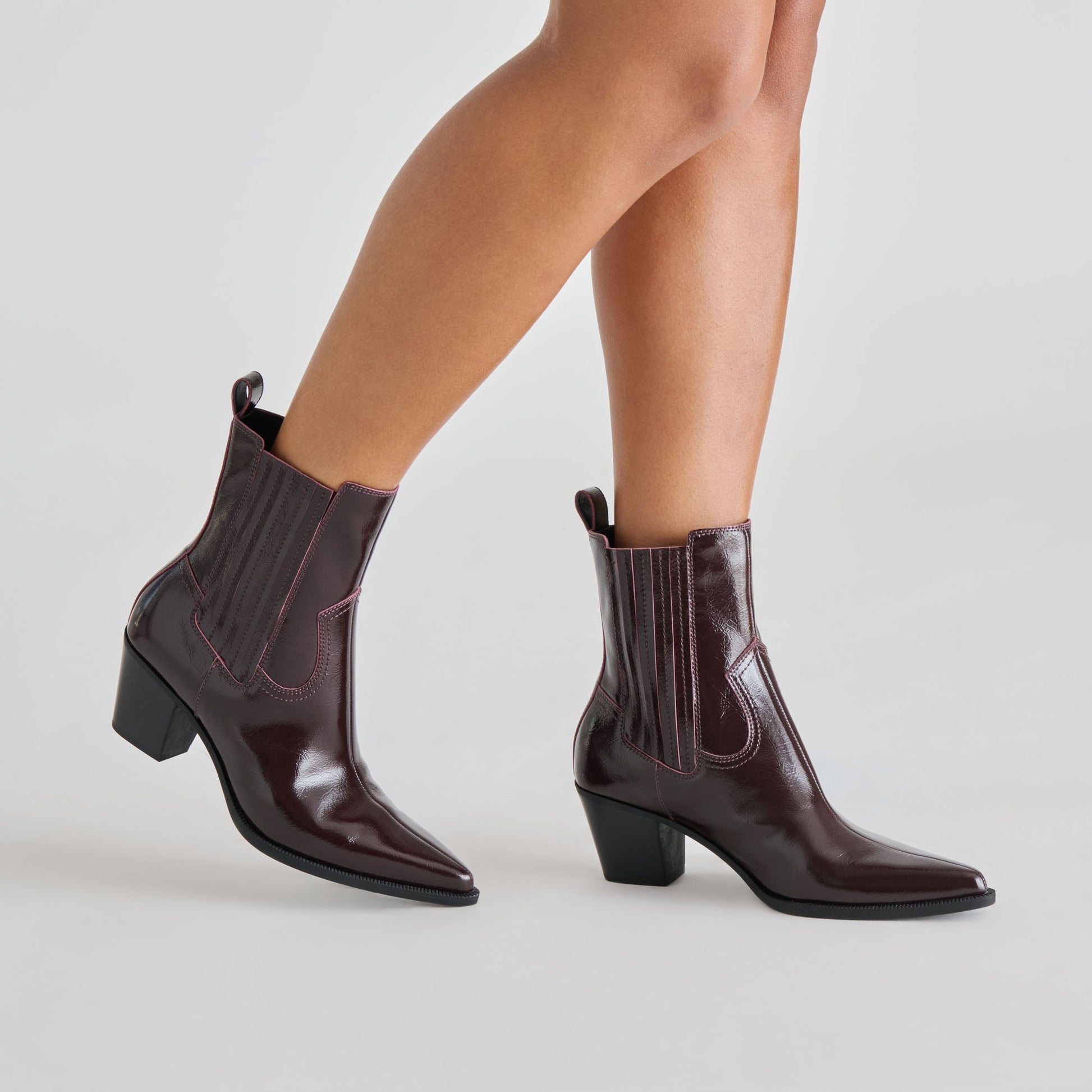 Slim Mulberry Crinkle Patent Booties