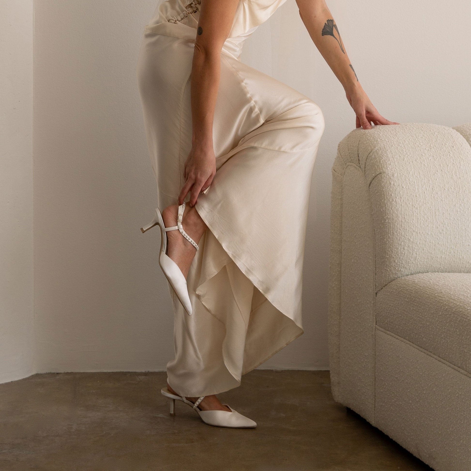 Kamra Pearl True White Satin Mid Heels