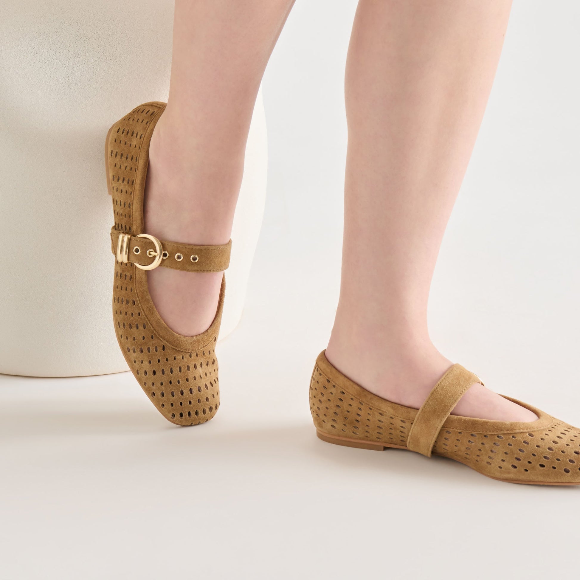 Mikel Lt Brown Perforated Suede Ballet Flats