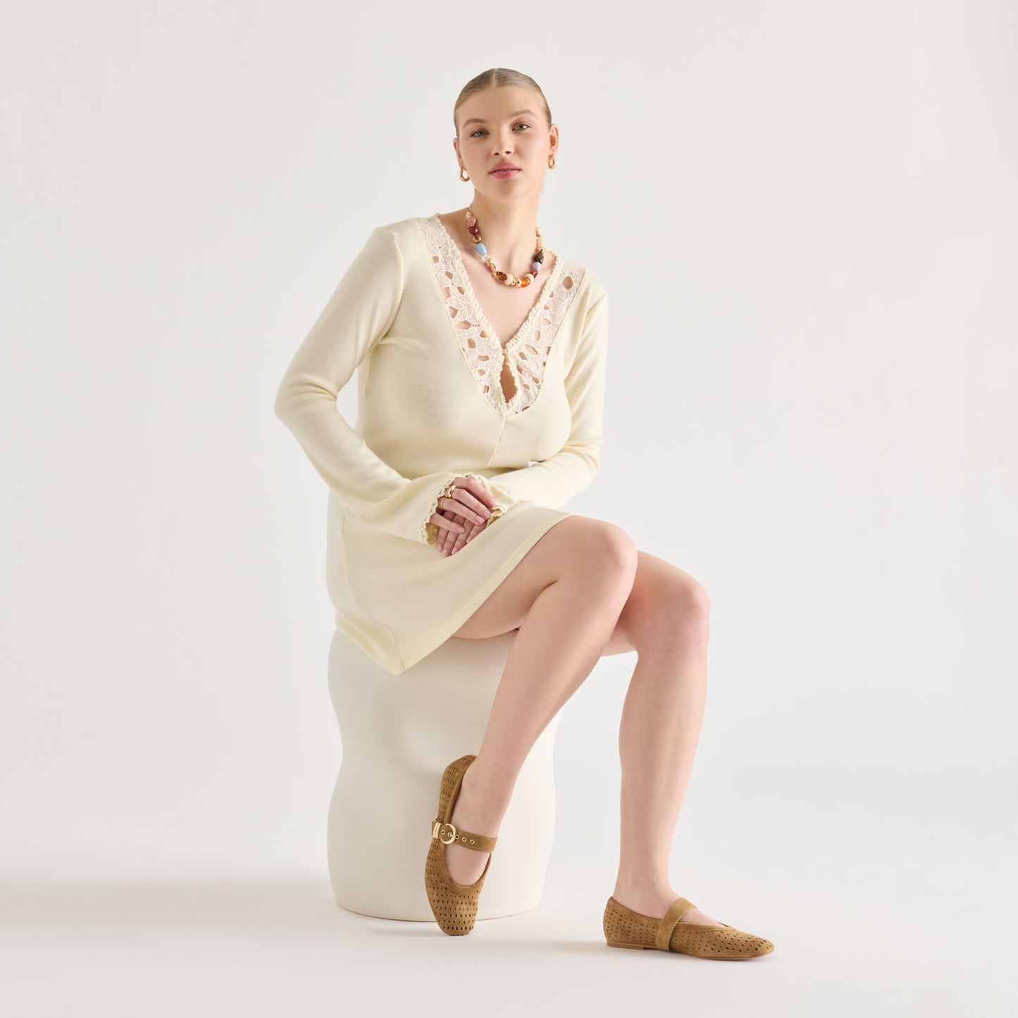 Mikel Lt Brown Perforated Suede Ballet Flats