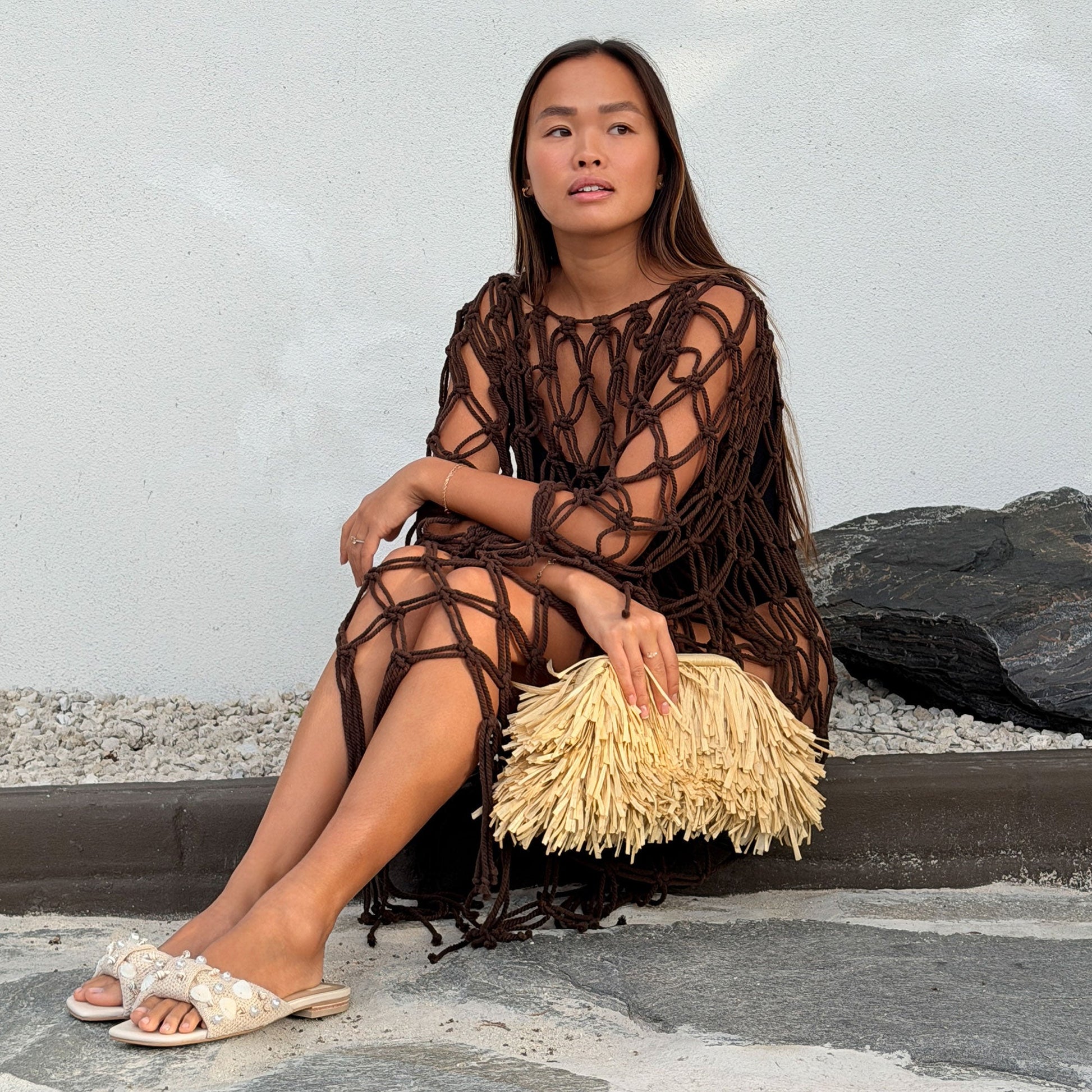 Lizza Oatmeal Beaded Raffia Sandals