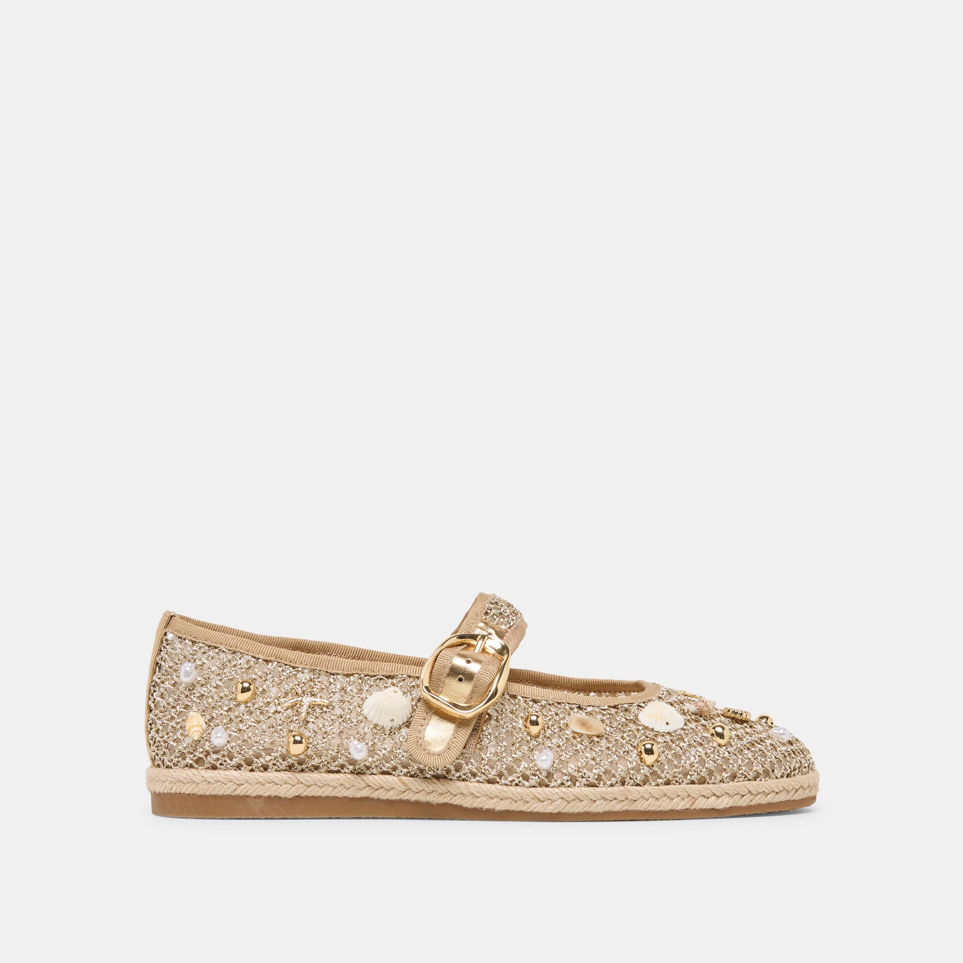 Ralph Gold Beaded Raffia Ballet Flats