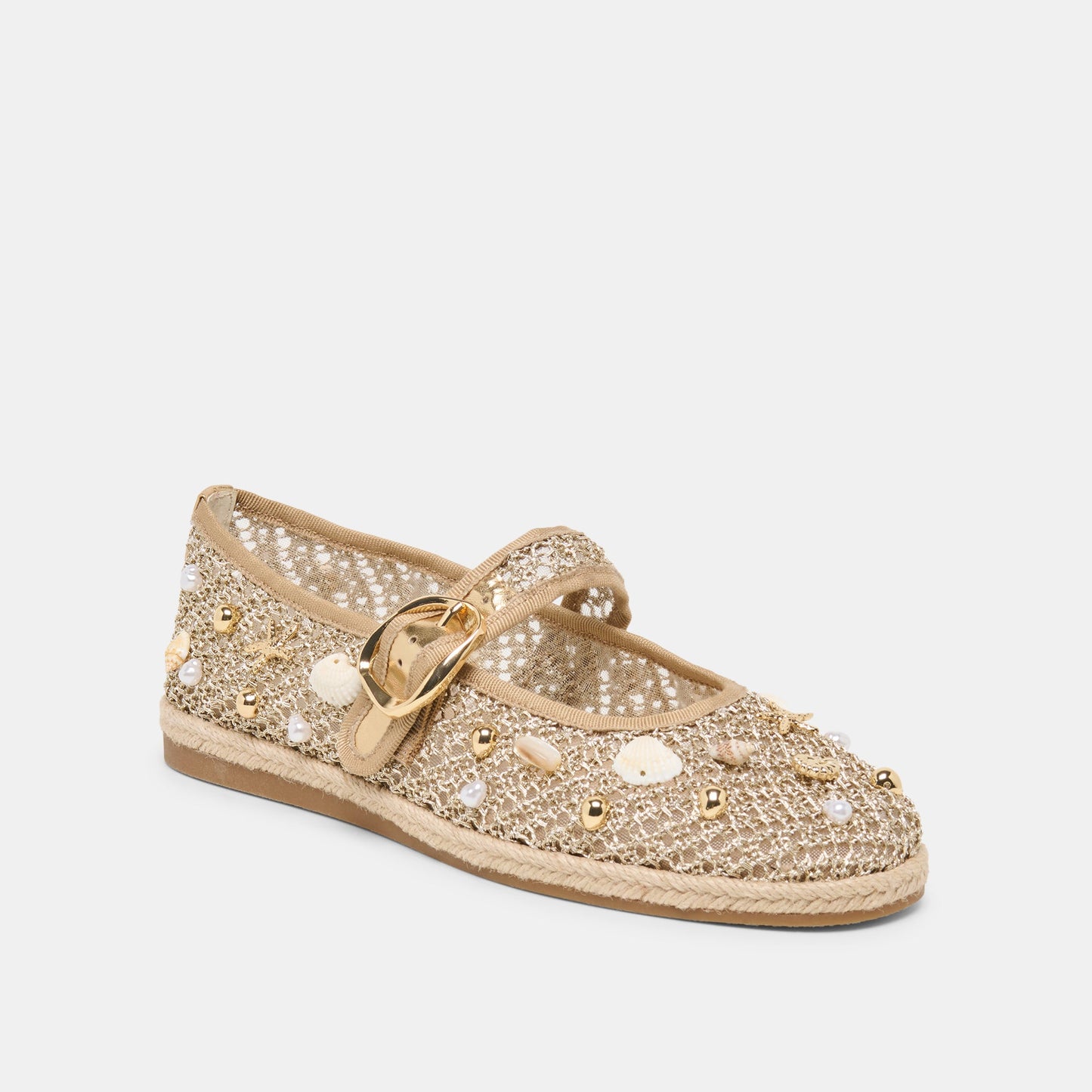 Ralph Gold Beaded Raffia Ballet Flats