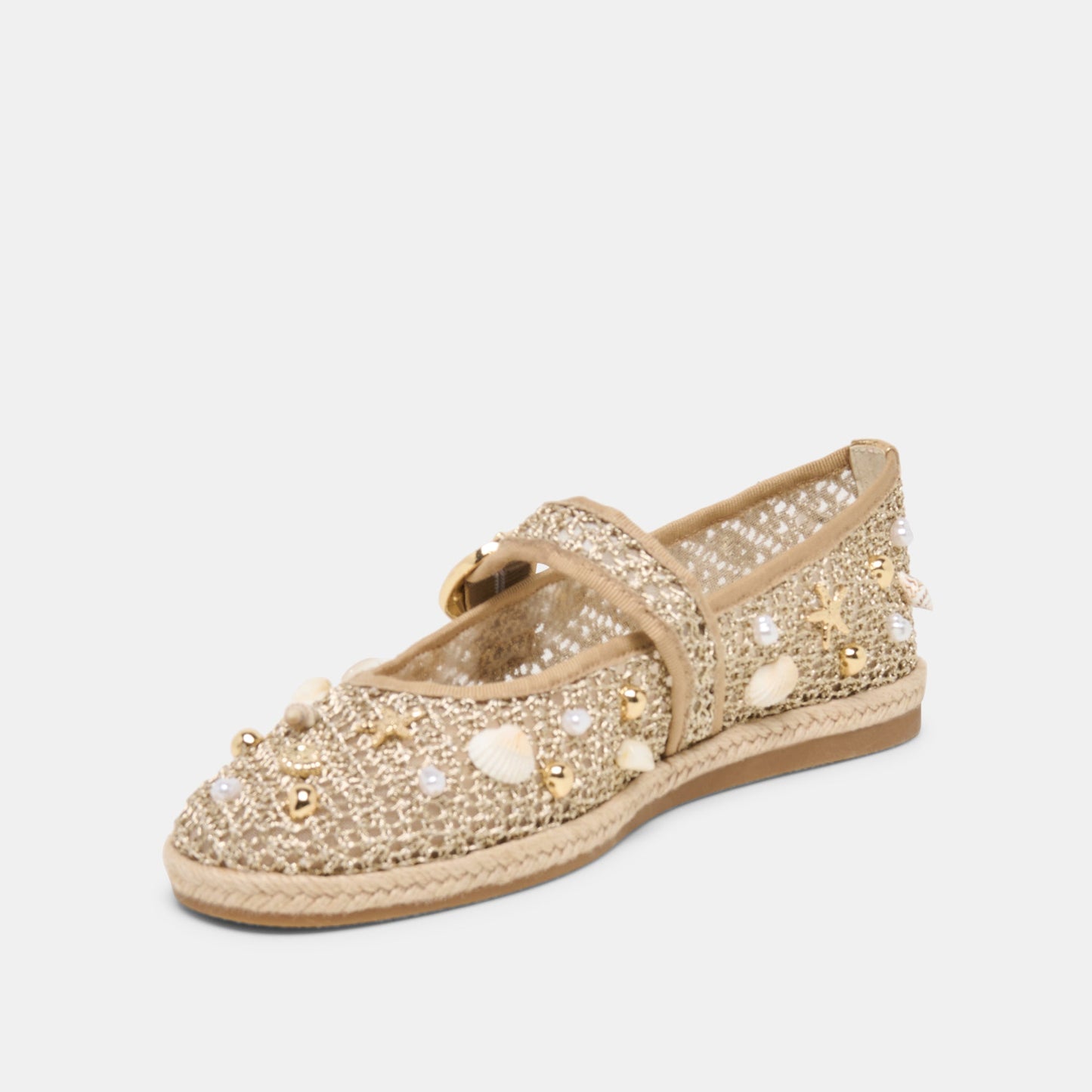 Ralph Gold Beaded Raffia Ballet Flats