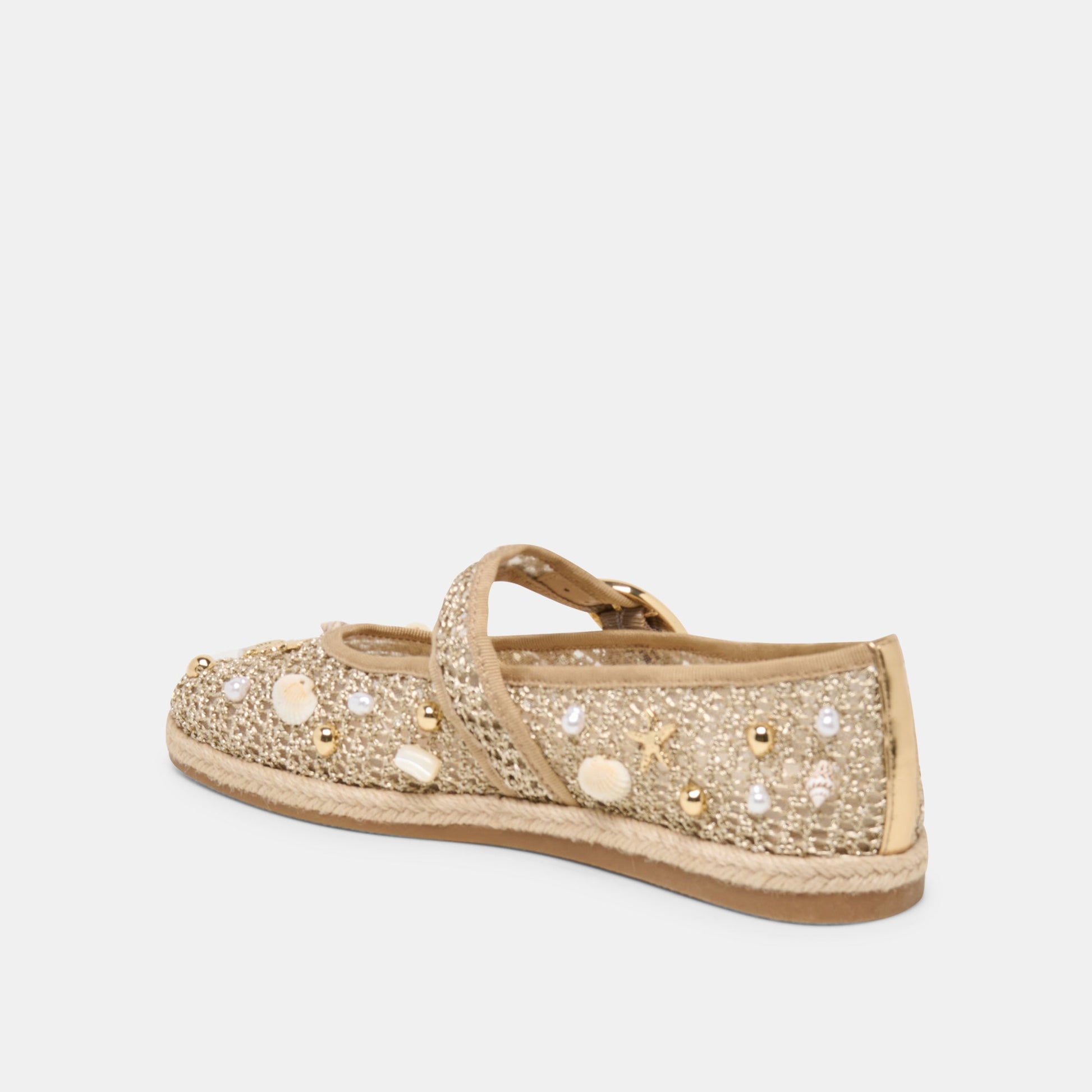 Ralph Gold Beaded Raffia Ballet Flats