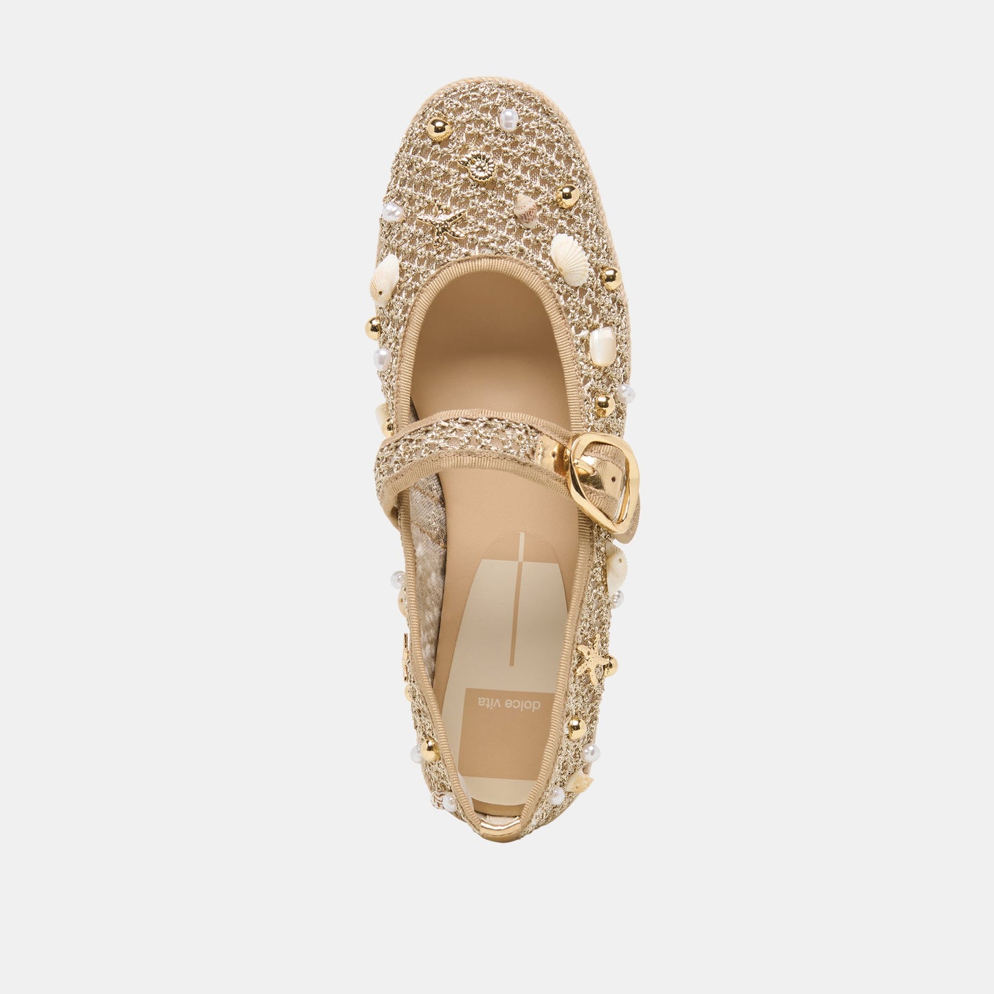 Ralph Gold Beaded Raffia Ballet Flats