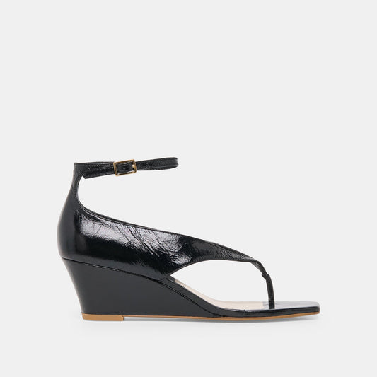 Quinny Black Leather Wedges