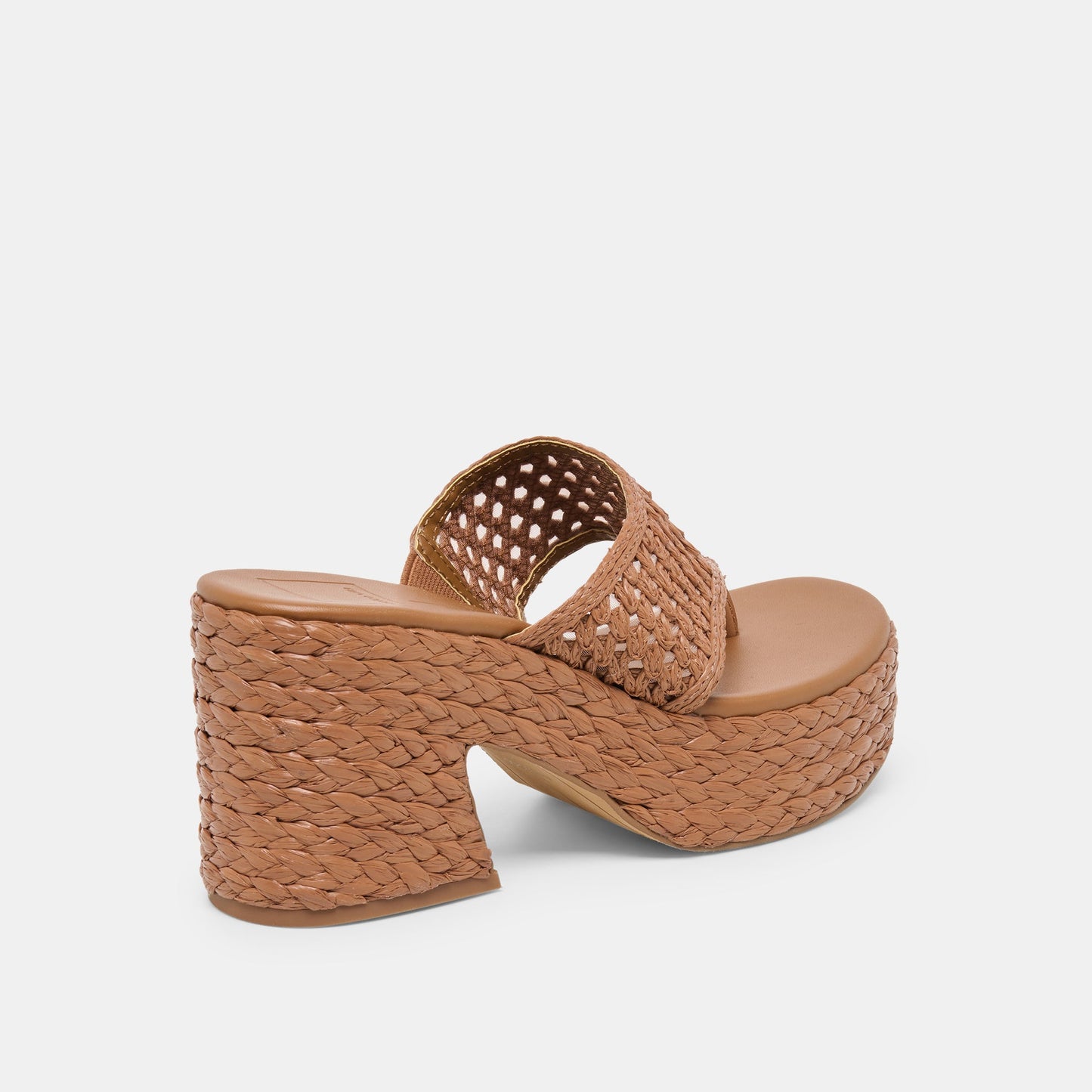 RIPPLE Mid Brown Raffia Platform Thong Block Heel