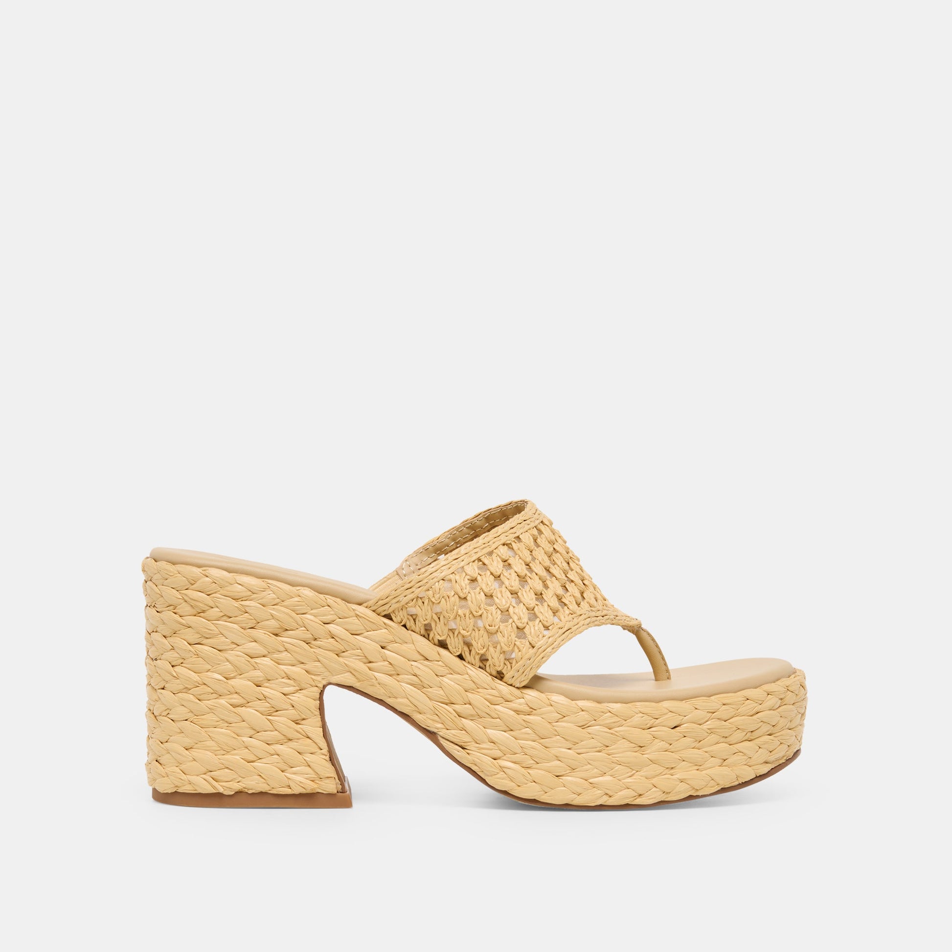 RIPPLE Lt Natural Raffia Platform Thong Block Heel