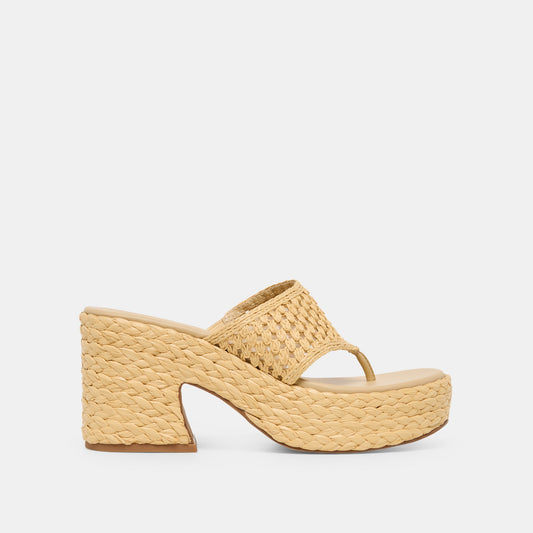 RIPPLE Lt Natural Raffia Platform Thong Block Heel