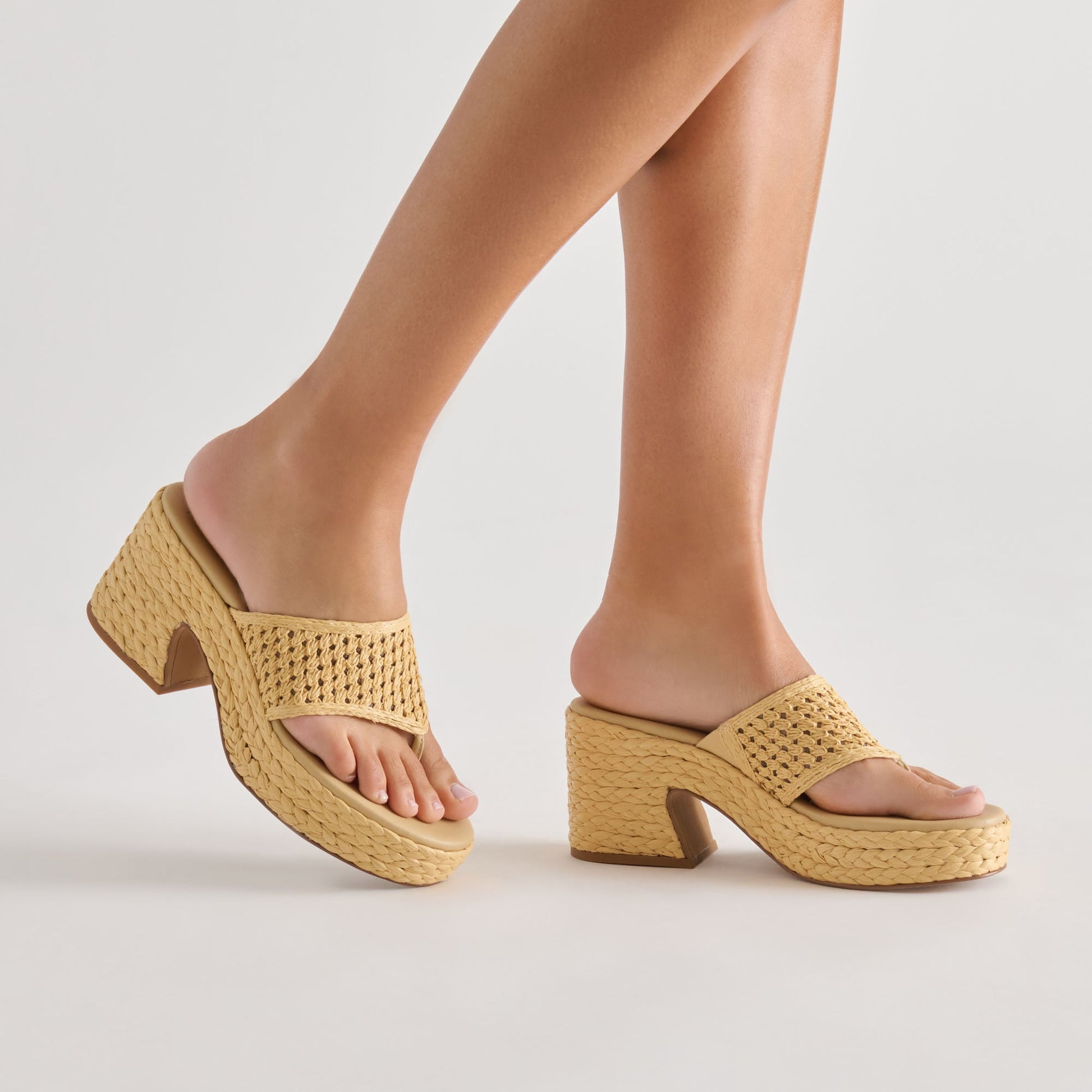 RIPPLE Lt Natural Raffia Platform Thong Block Heel