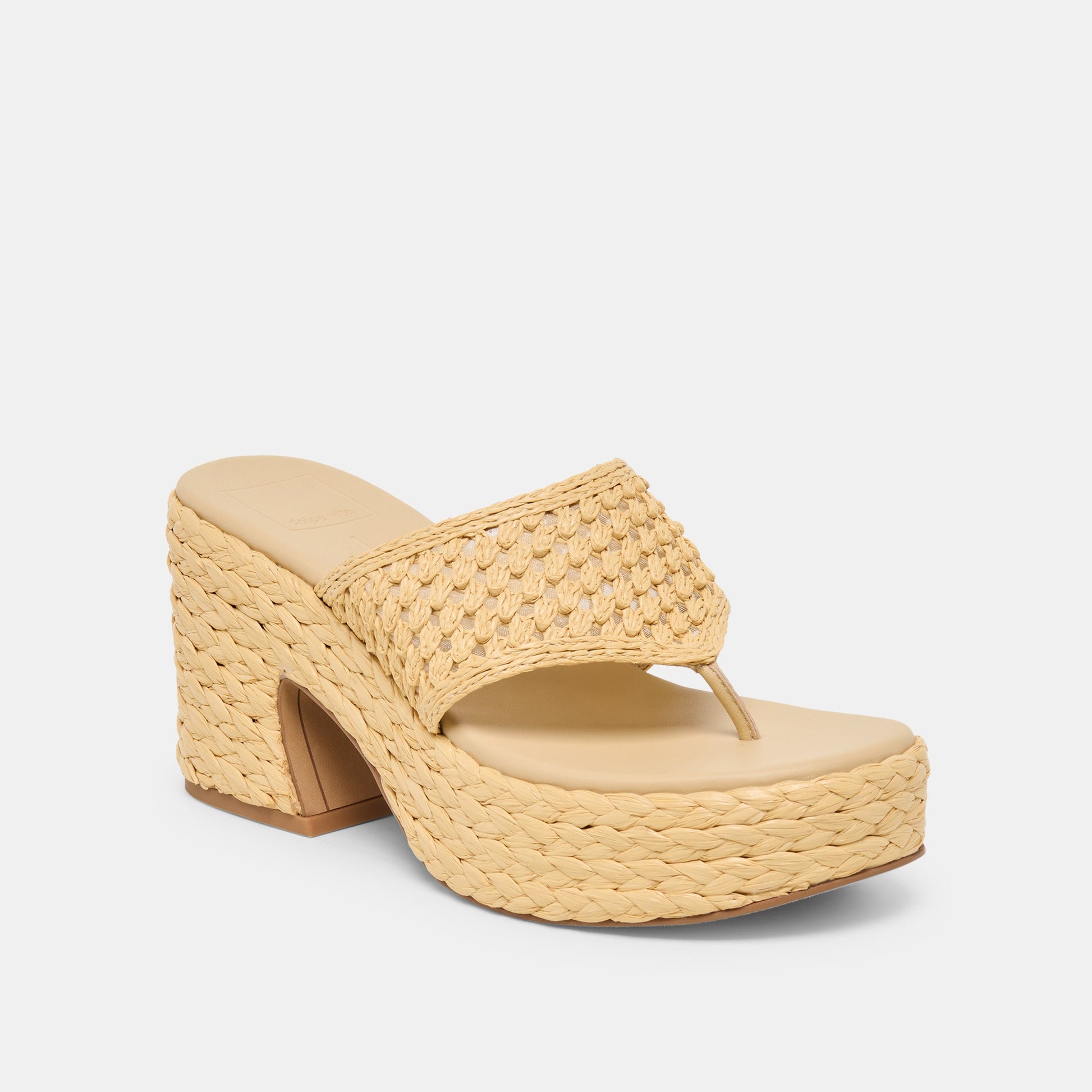 RIPPLE Lt Natural Raffia Platform Thong Block Heel
