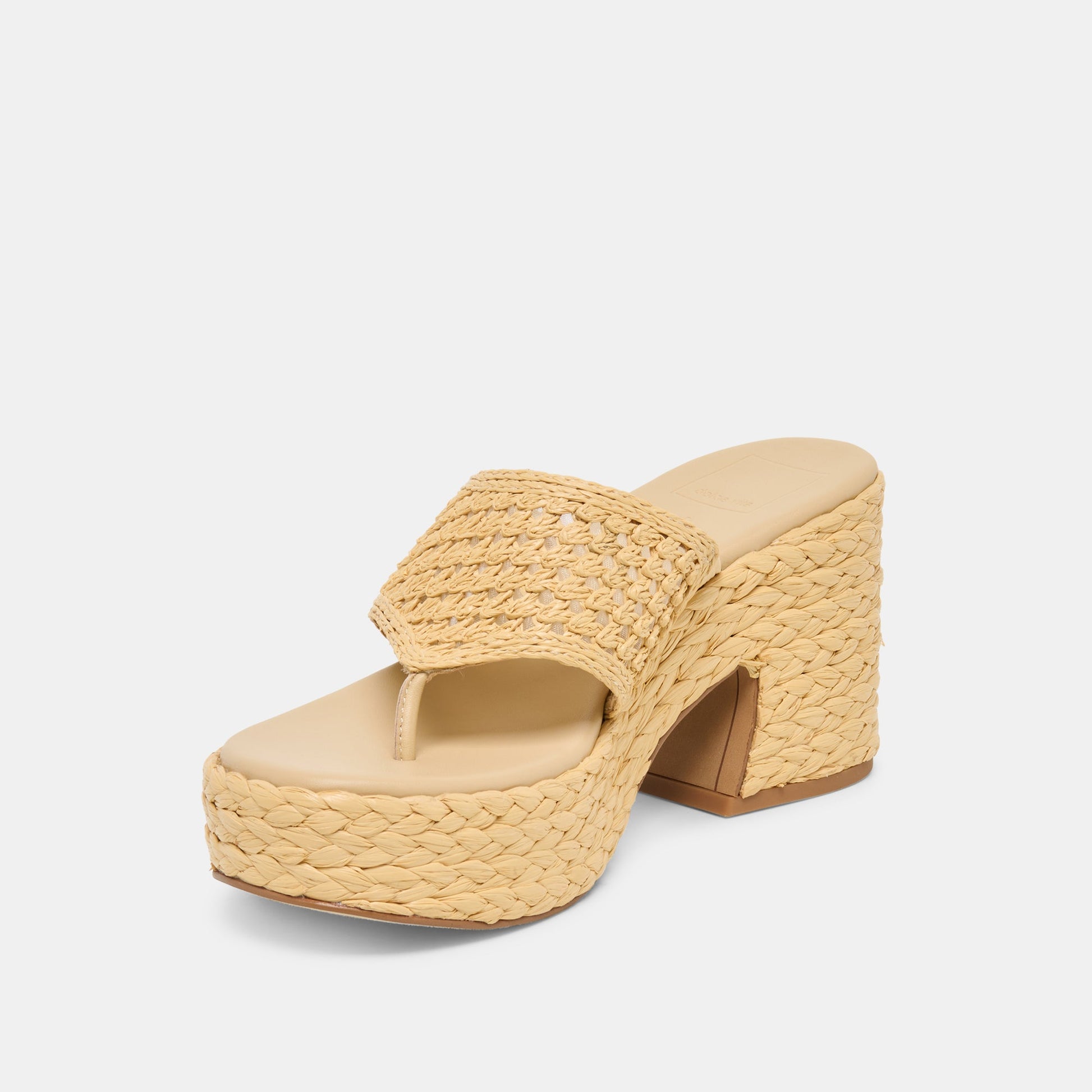 RIPPLE Lt Natural Raffia Platform Thong Block Heel