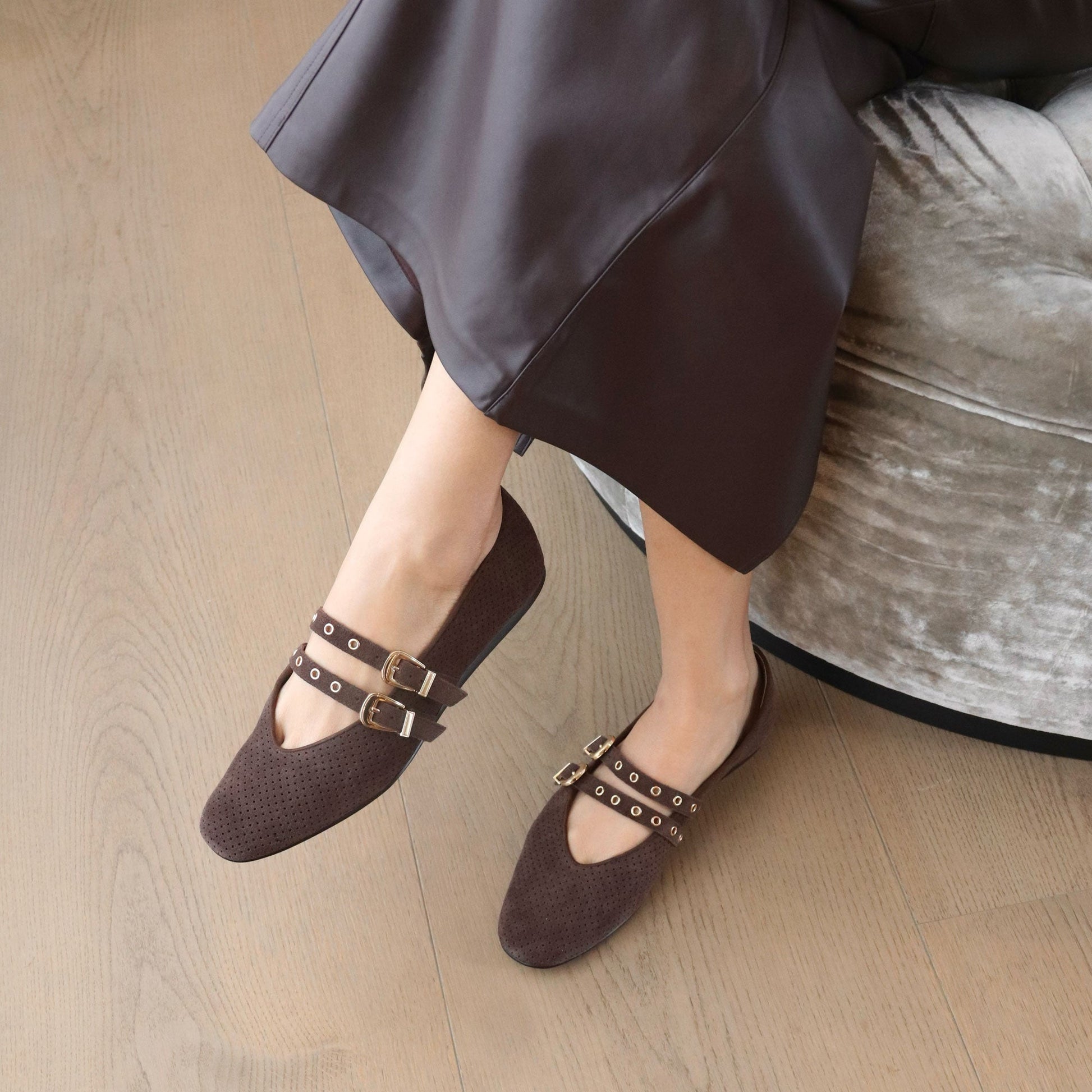 Baylee Grommet Dk Brown Perforated Suede Ballet Flats