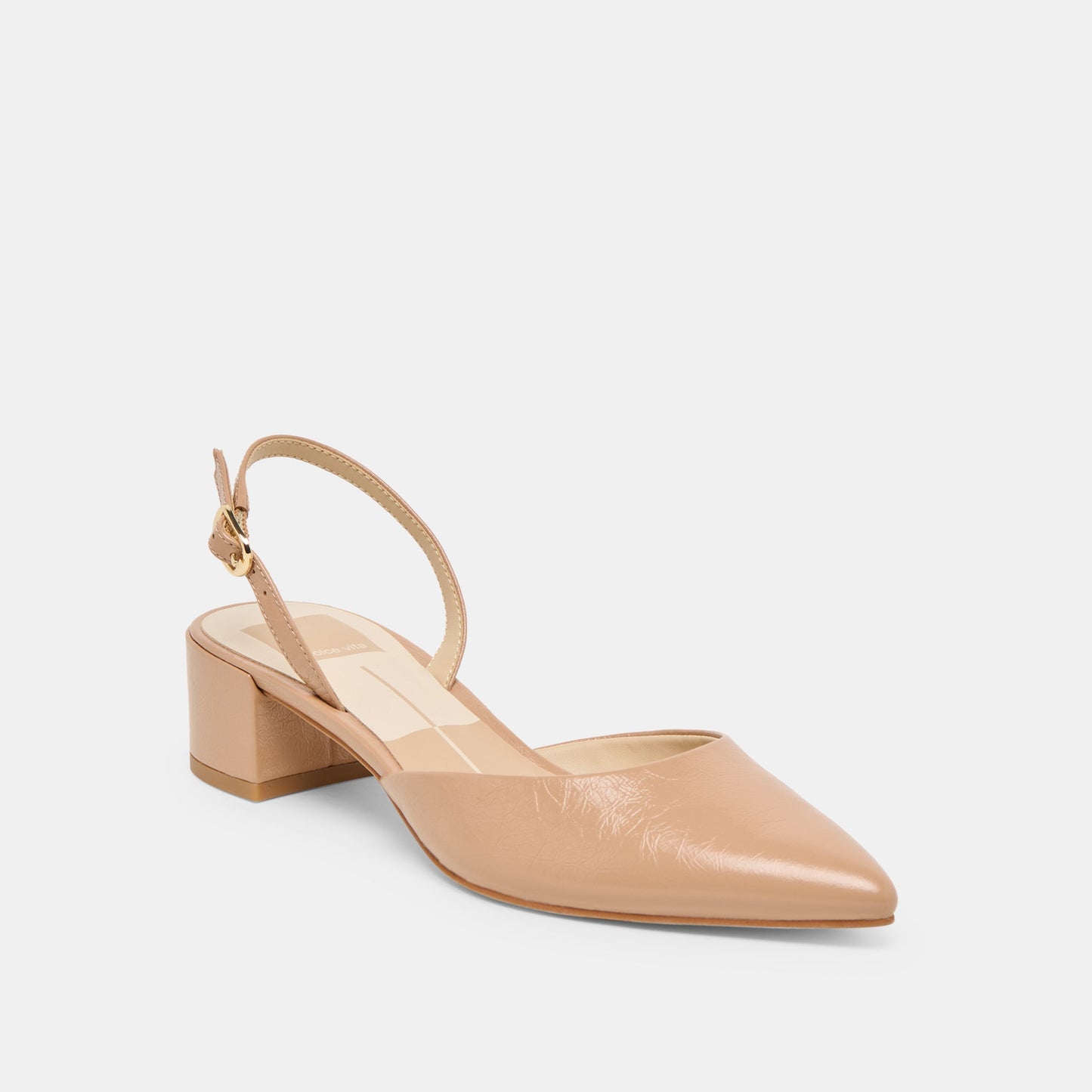 Carel Wide Lt Tan Crinkle Patent Leather Heels