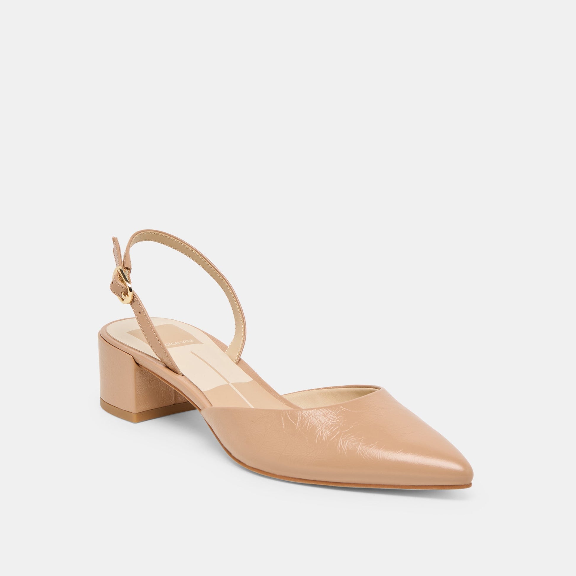 Carel Wide Lt Tan Crinkle Patent Leather Heels