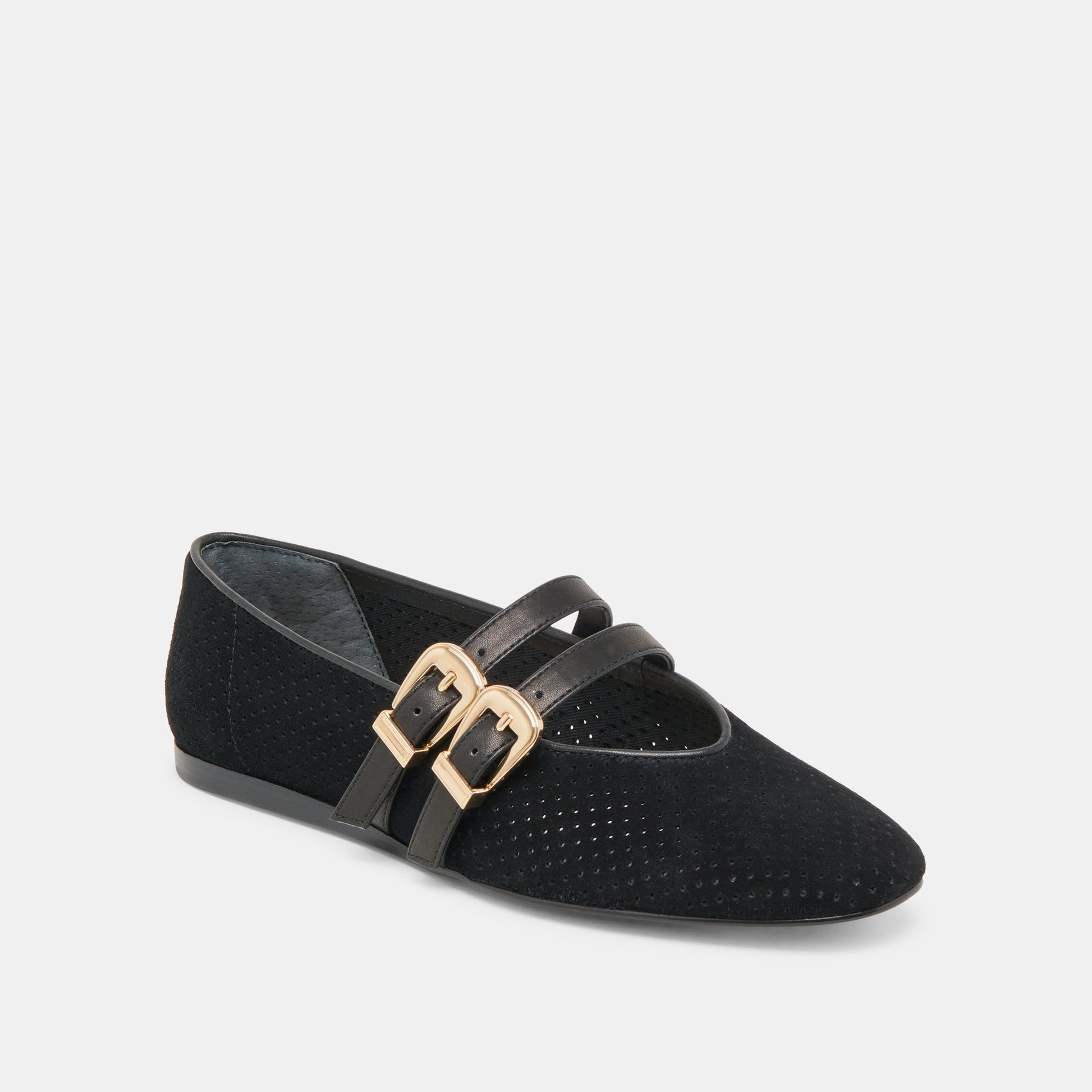 Baylee Wide Onyx Perforated Suede Ballet Flats