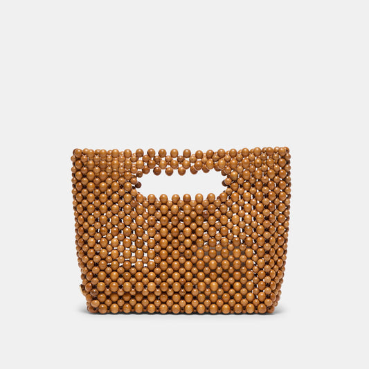 LINZY Natural Wood Top-Handle Handbag with Crossbody Strap