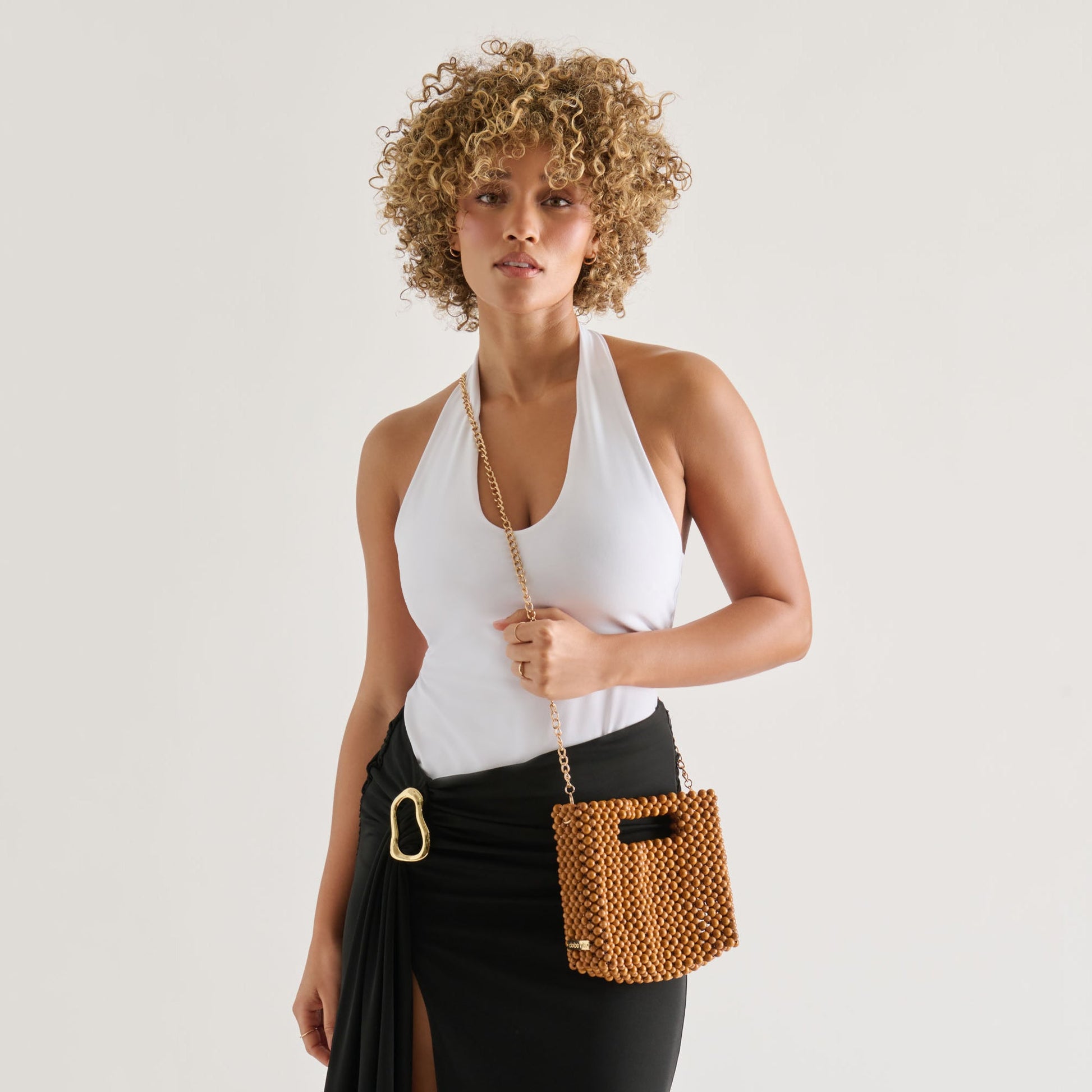 LINZY Natural Wood Top-Handle Handbag with Crossbody Strap