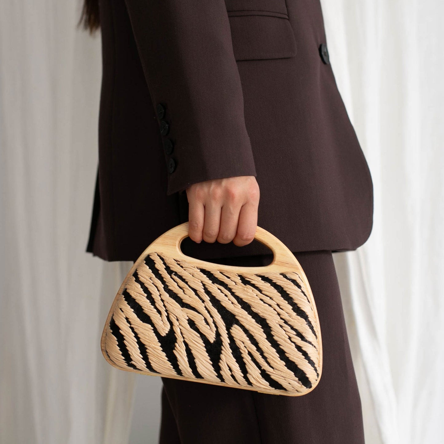 Maelie Black Natural Zebra Raffia Handbag