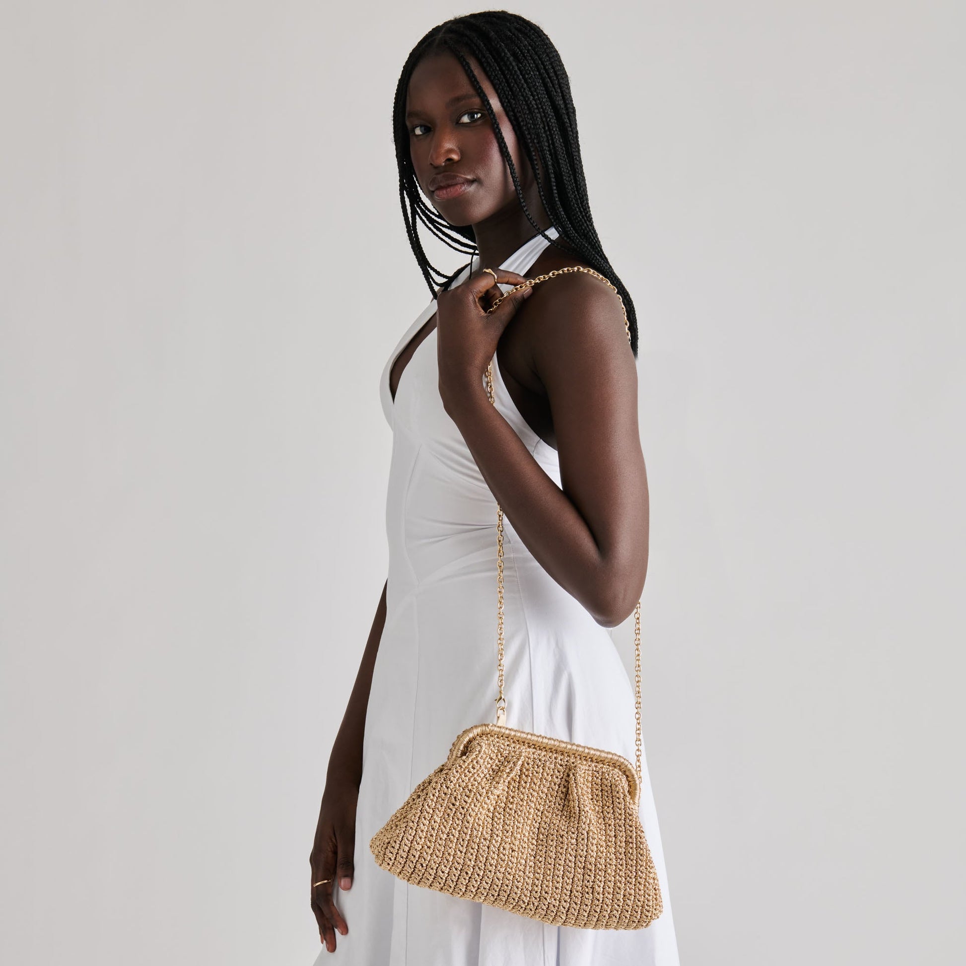 Ione Gold Crochet Clutch