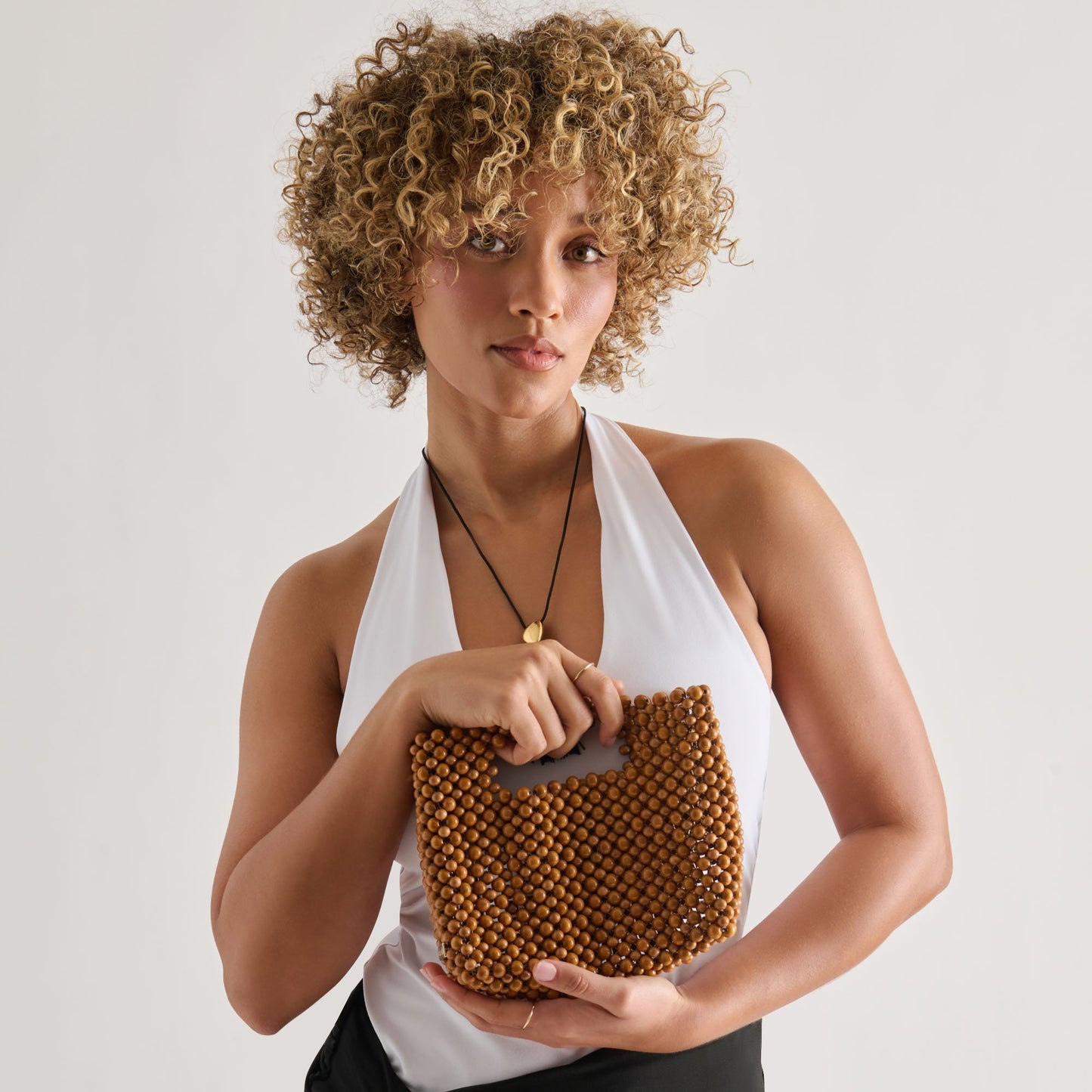 LINZY Natural Wood Top-Handle Handbag with Crossbody Strap