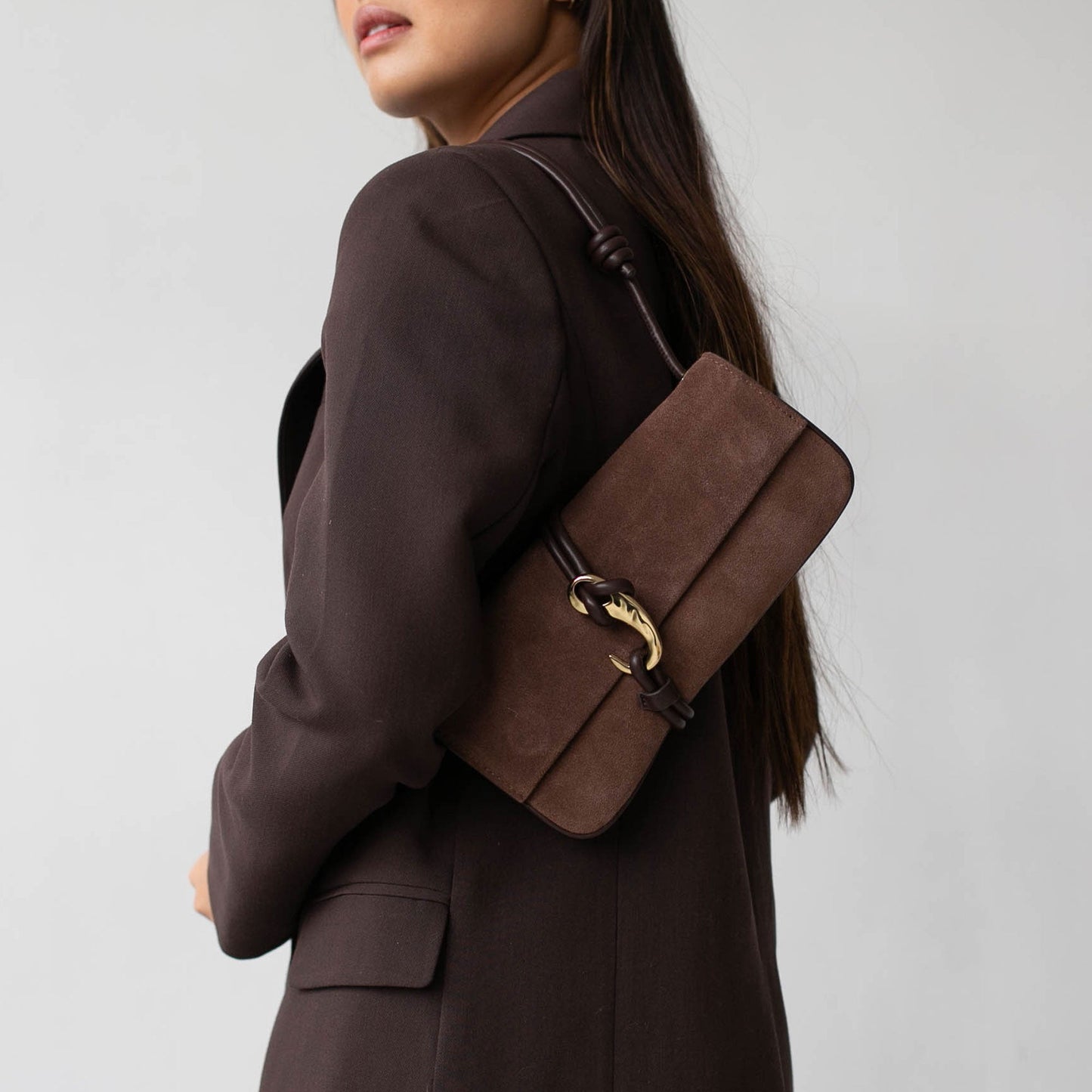 Alice Chocolate Suede Shoulder Bag