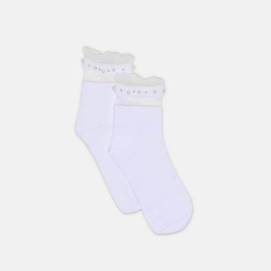 Sheer Ruffle White Pearl Anklet Socks