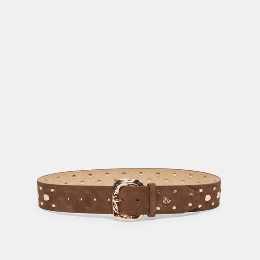 Rectangle Buckle Brown Suede Gold Studded Belt