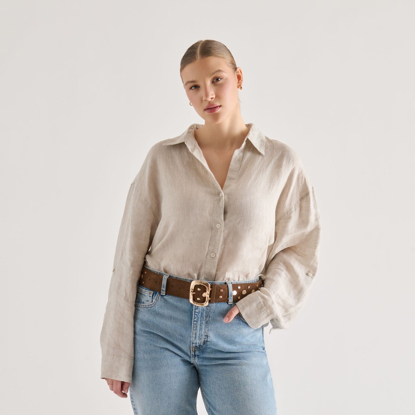 Rectangle Buckle Brown Suede Gold Studded Belt