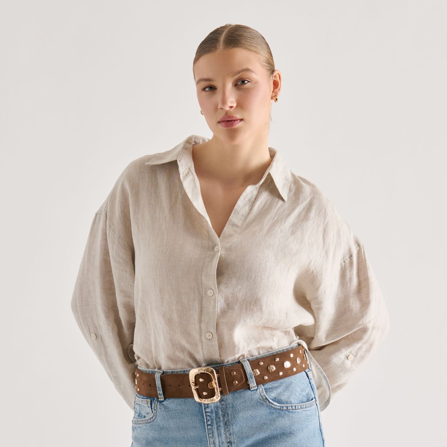 Rectangle Buckle Brown Suede Gold Studded Belt
