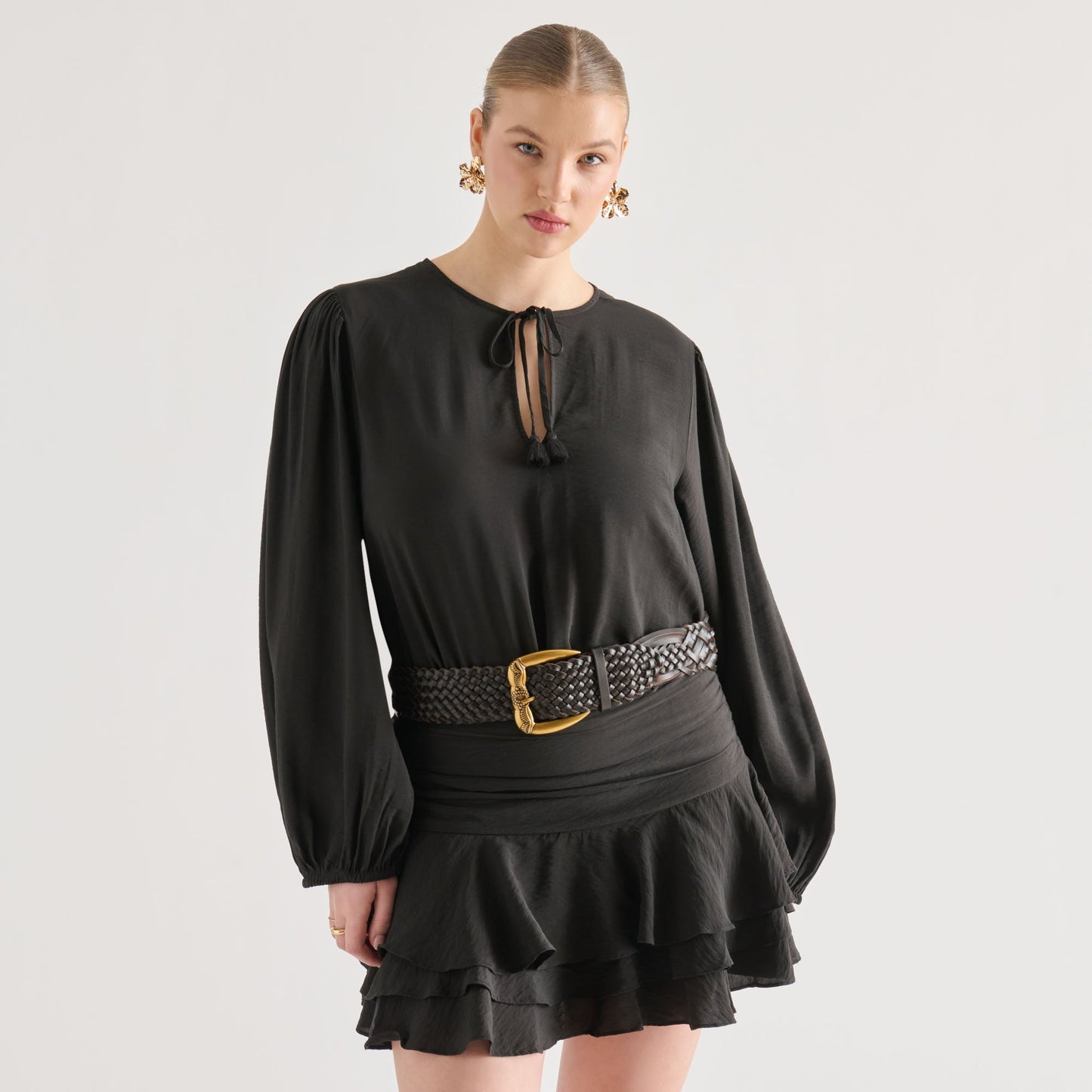 Western Espresso Woven Leather Belt with Silver Buckle