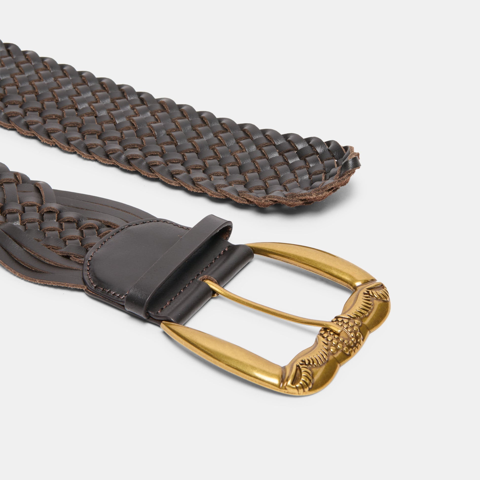 Western Espresso Woven Leather Belt with Silver Buckle