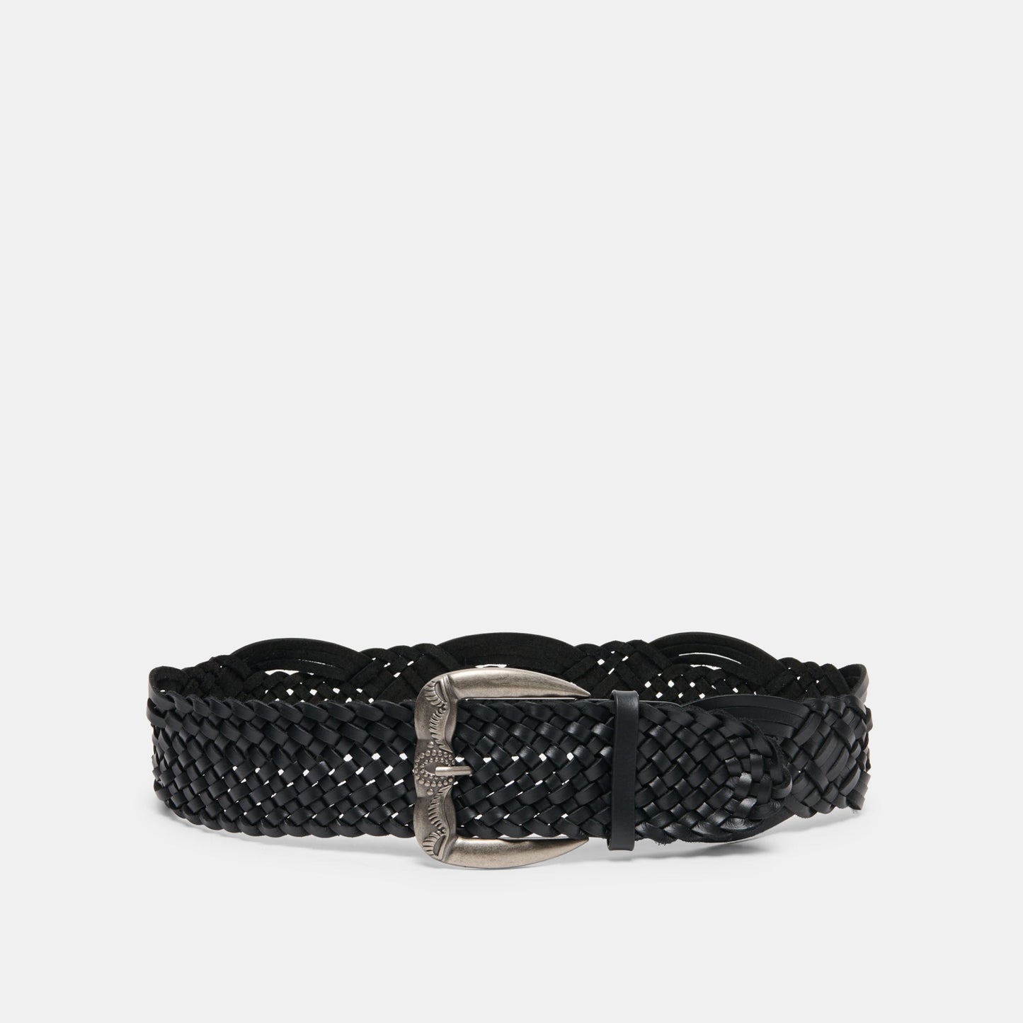 Western Black Woven Leather Belt with Silver Buckle