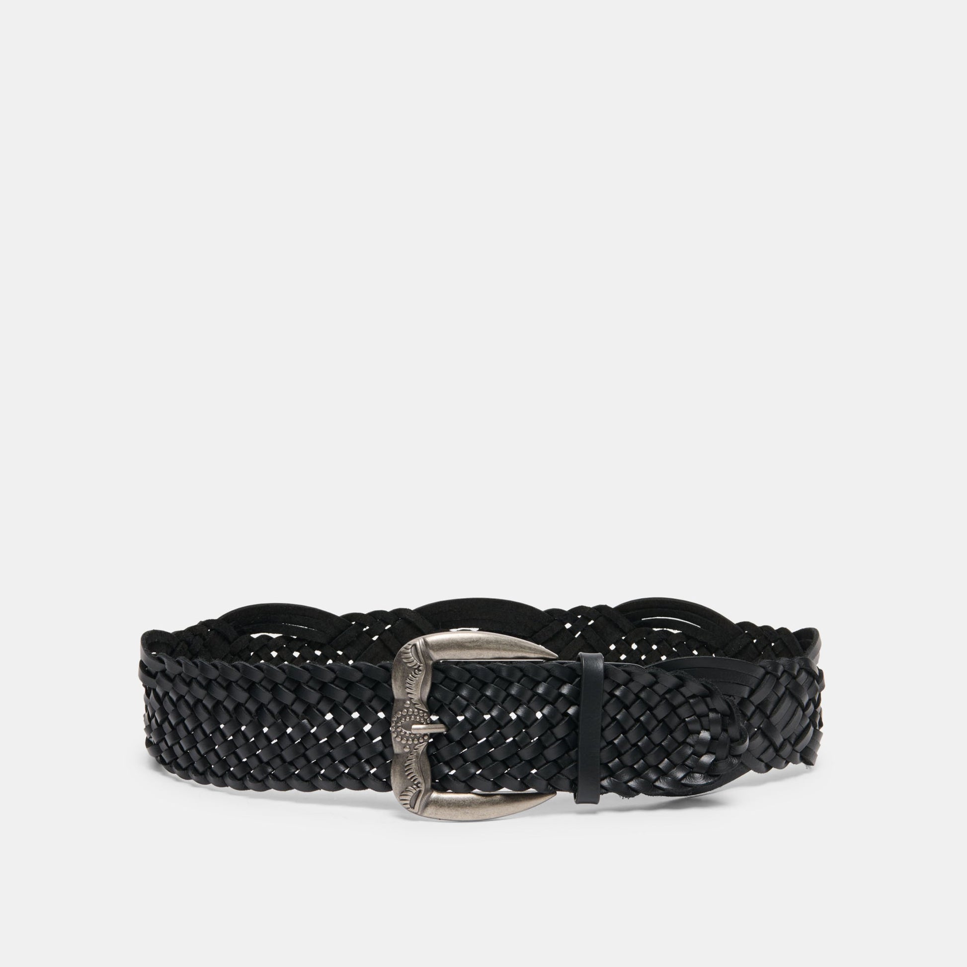 Western Black Woven Leather Belt with Silver Buckle