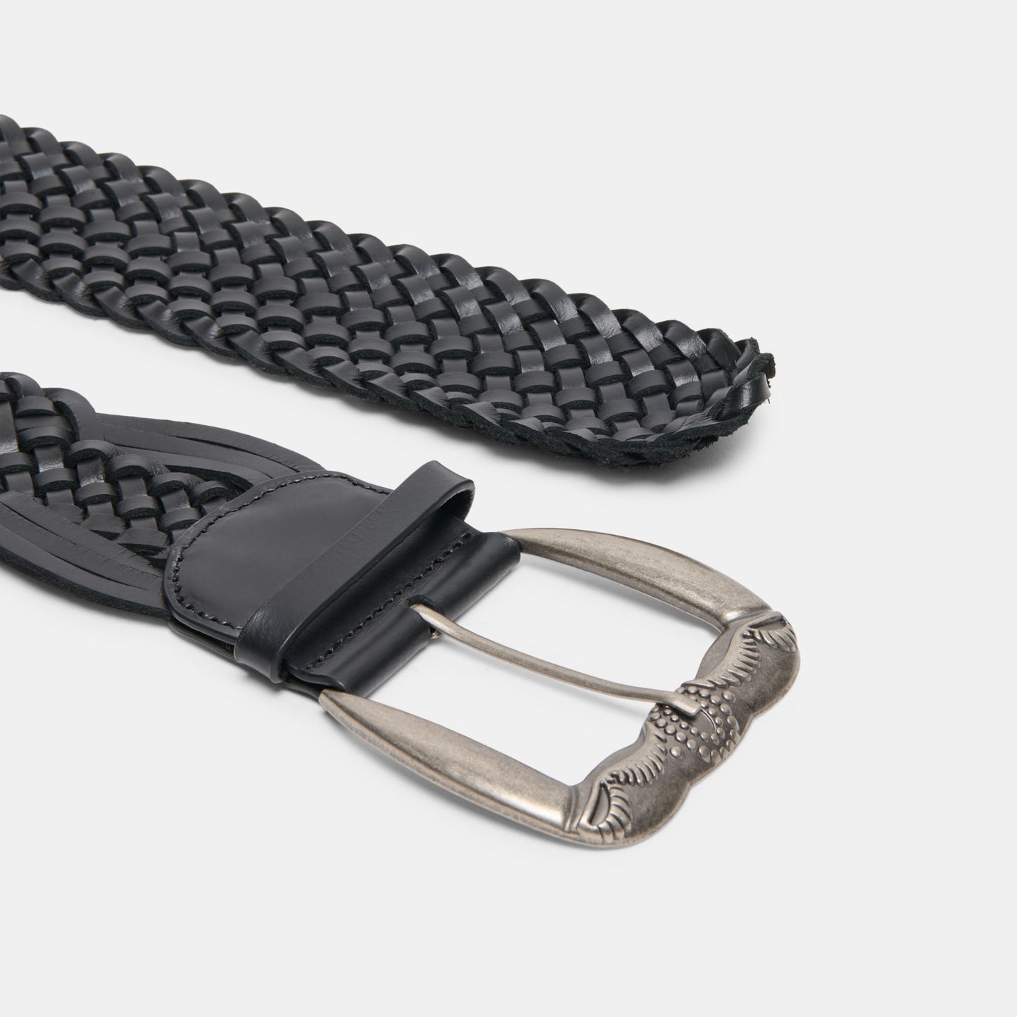 Western Black Woven Leather Belt with Silver Buckle