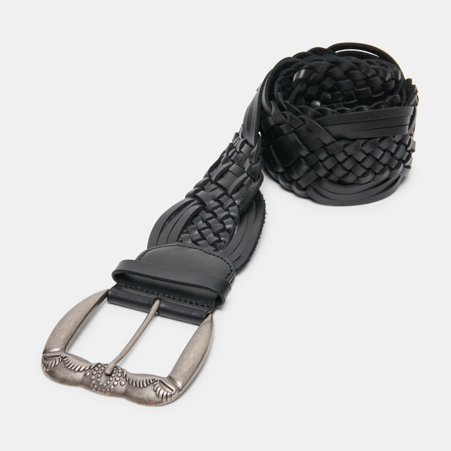 Western Black Woven Leather Belt with Silver Buckle