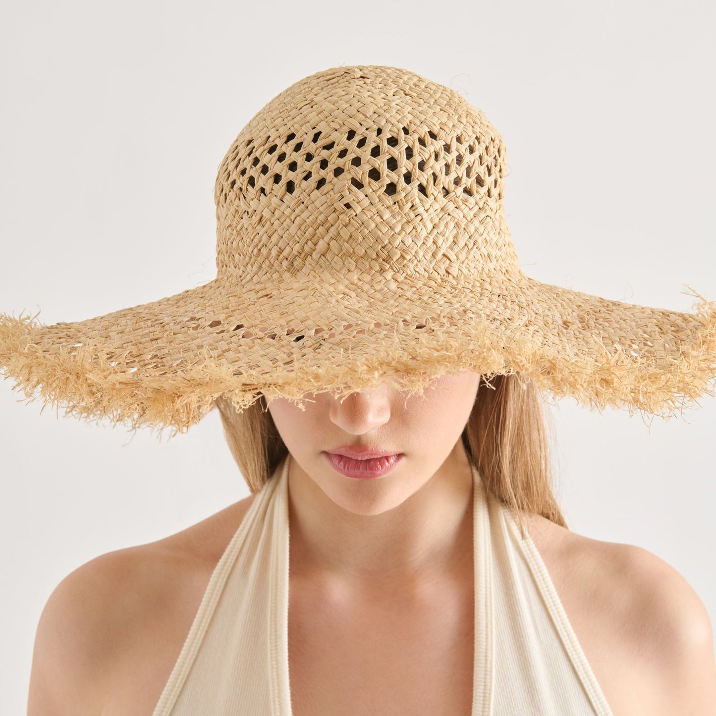 Open Weave Tan Sunhat with Frayed Edge