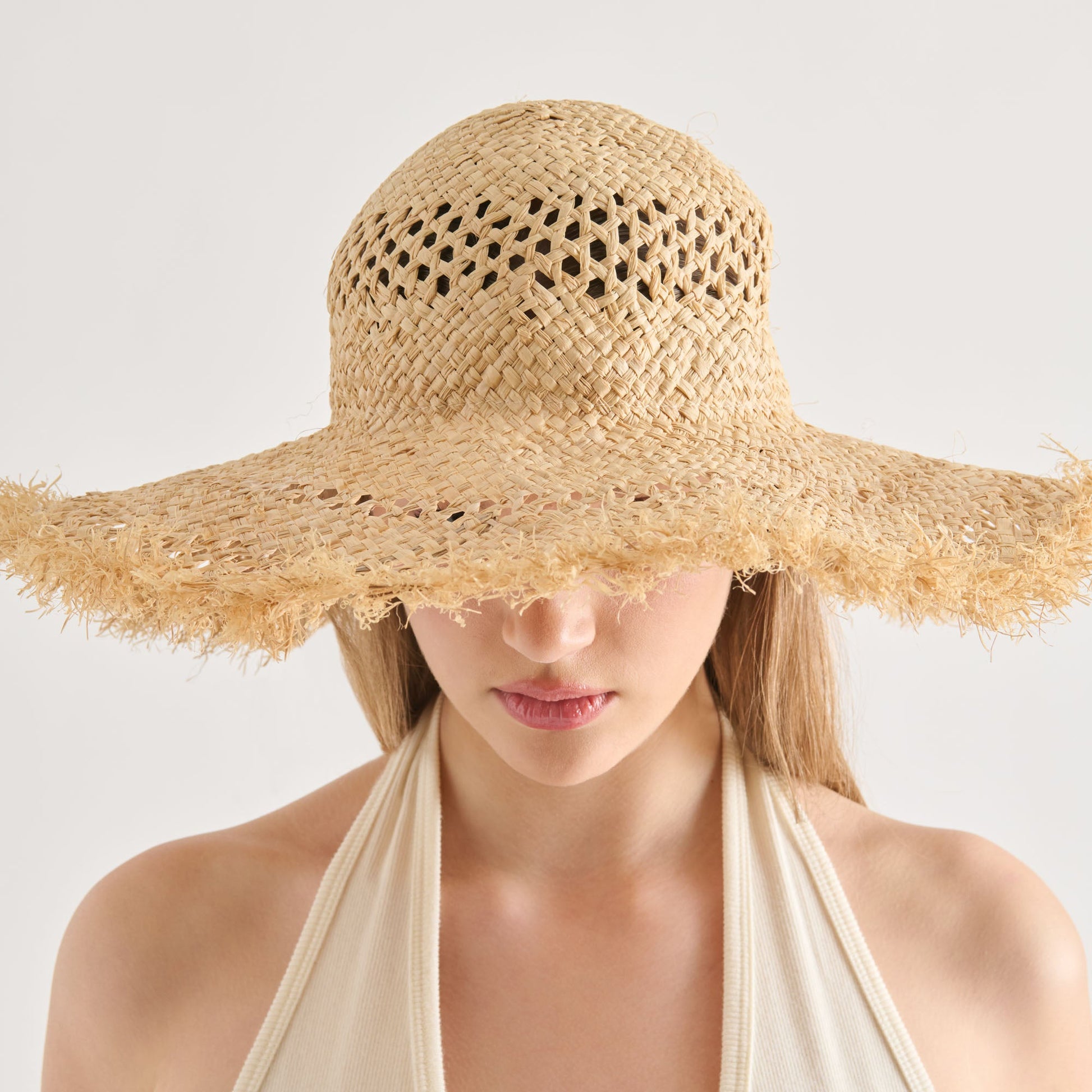 Open Weave Tan Sunhat with Frayed Edge