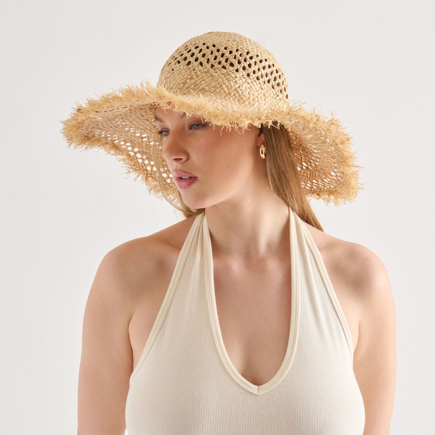 Open Weave Tan Sunhat with Frayed Edge