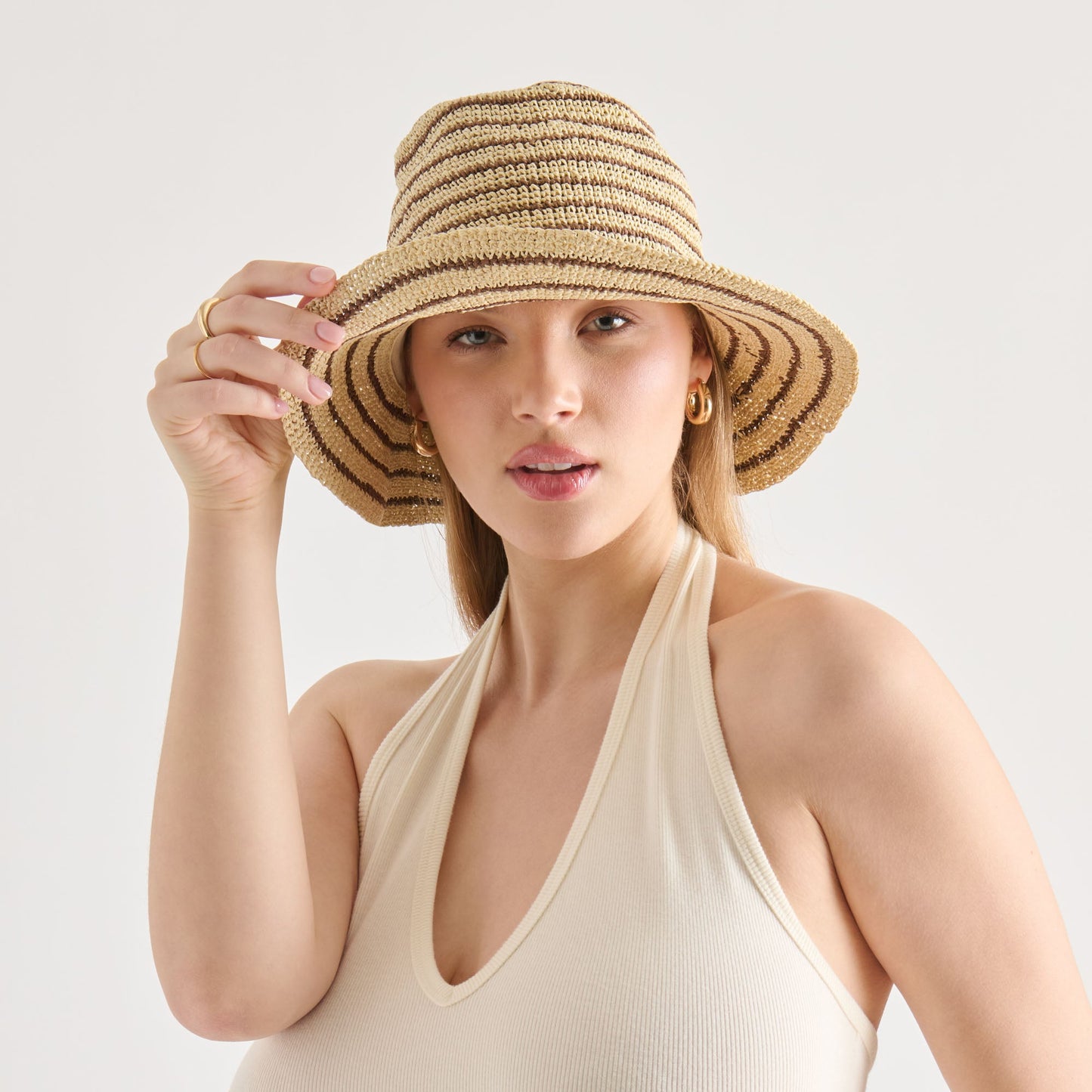 Striped Brown Natural Straw Cloche