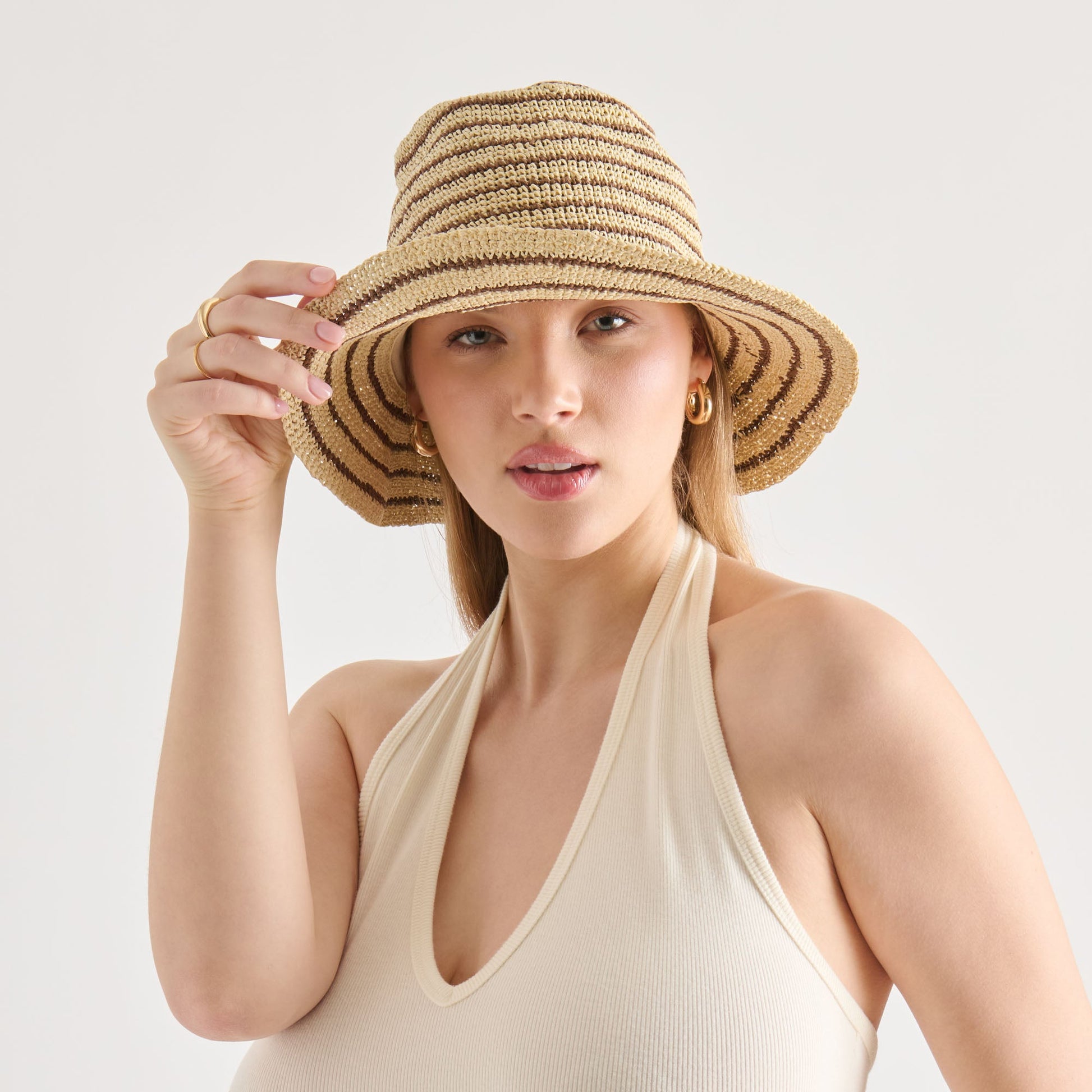 Striped Brown Natural Straw Cloche