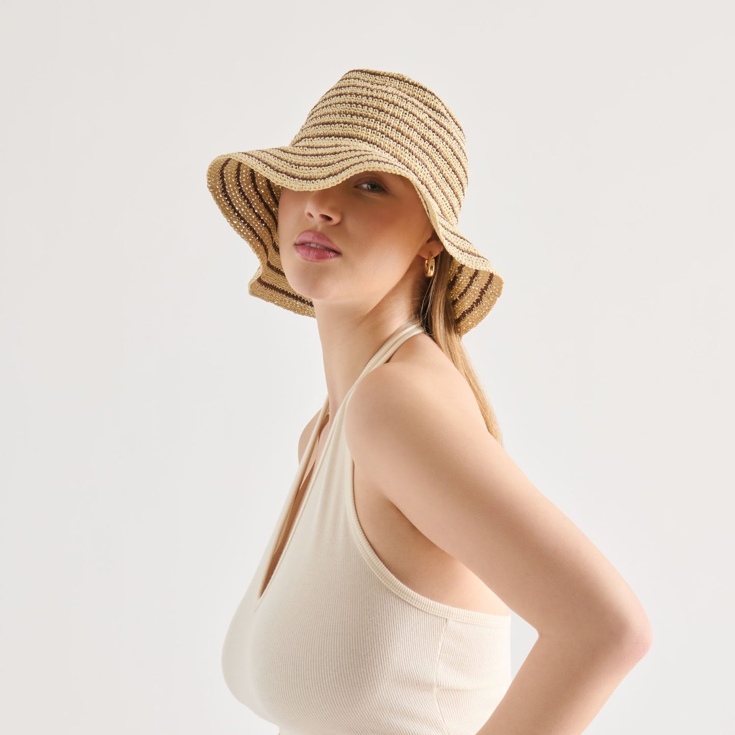 Striped Brown Natural Straw Cloche