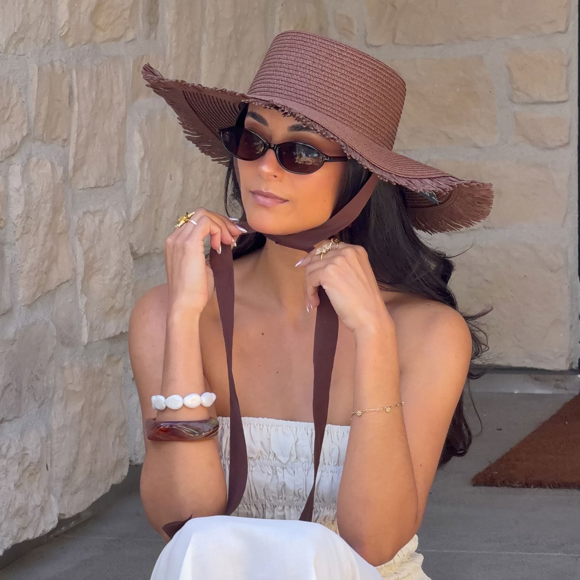 Floppy Dark Brown Sunhat with Ribbon and Frayed Edge