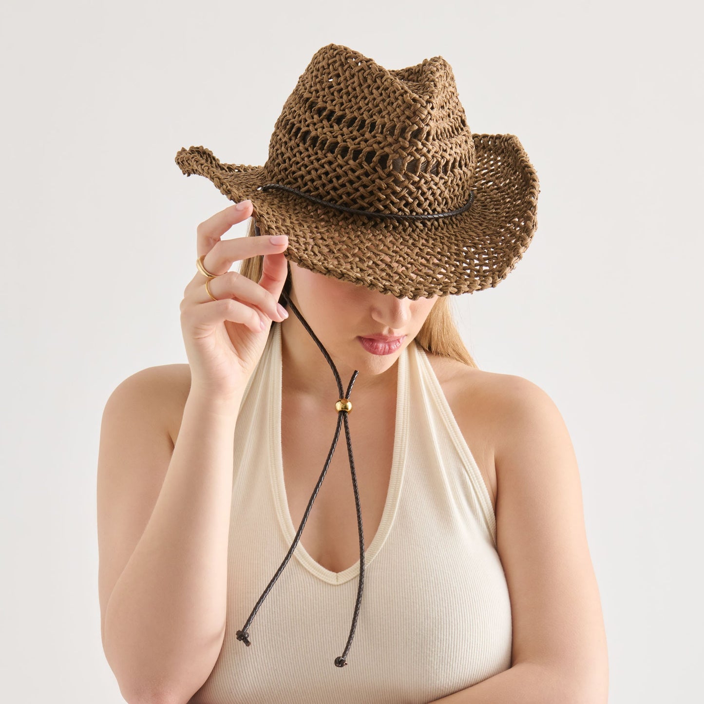 Thick Weave Dark Brown Cowboy Hat with Strap