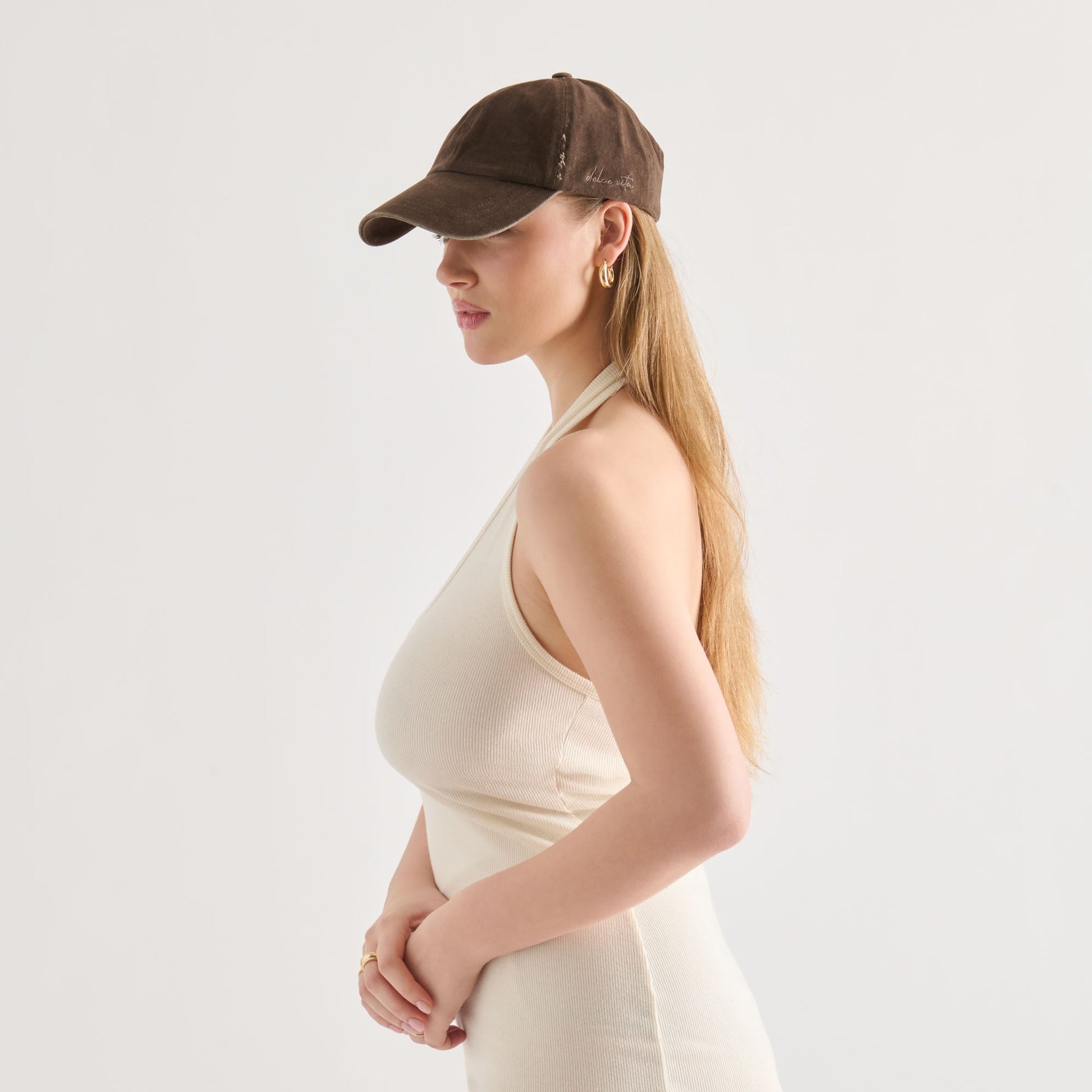 Distressed Dark Brown Baseball Cap with Embroidery