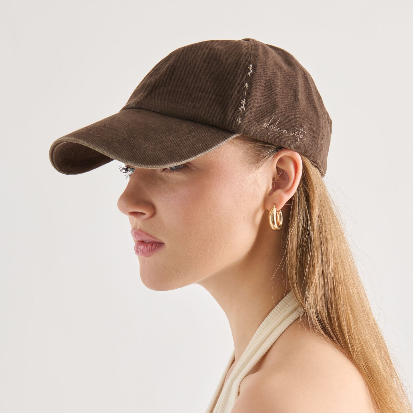 Distressed Dark Brown Baseball Cap with Embroidery