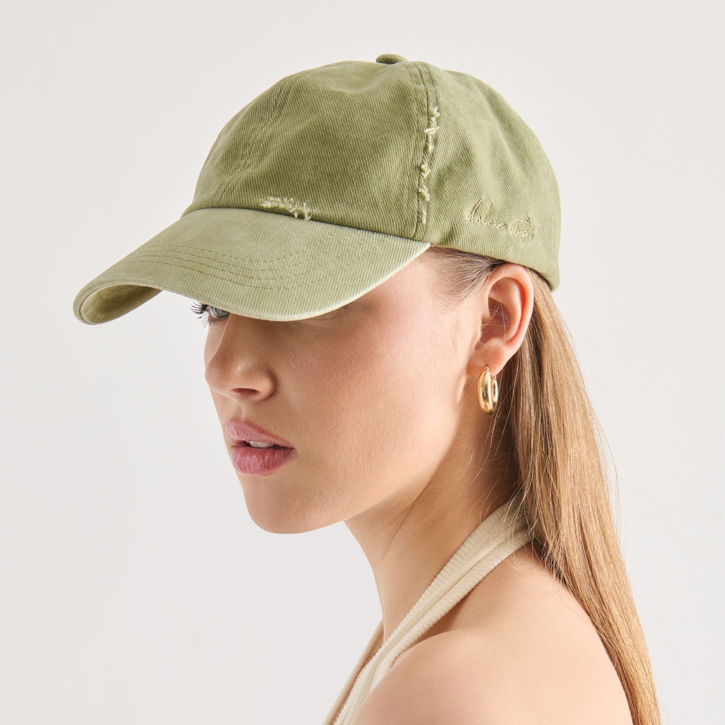 Distressed Olive Baseball Cap with Embroidery