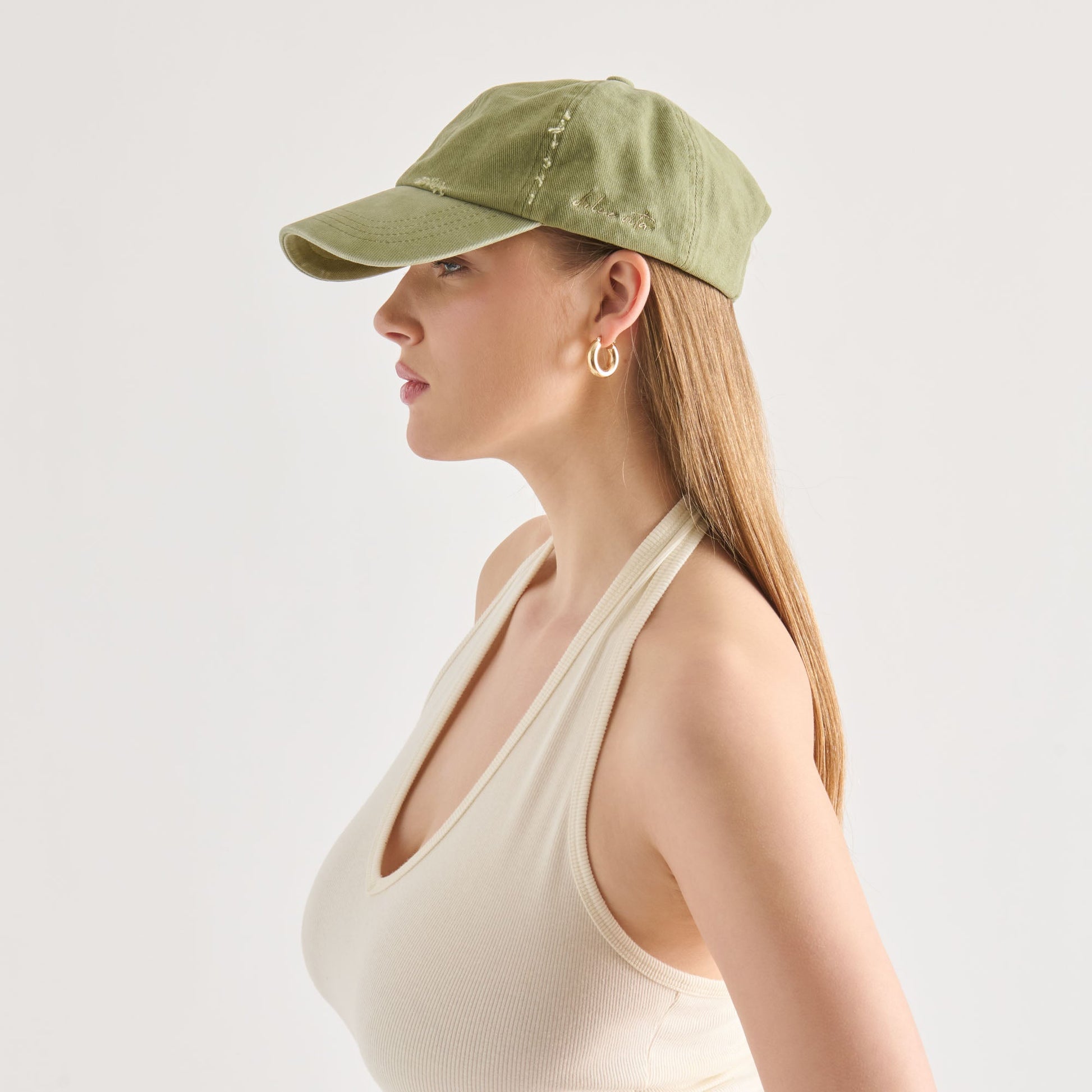 Distressed Olive Baseball Cap with Embroidery